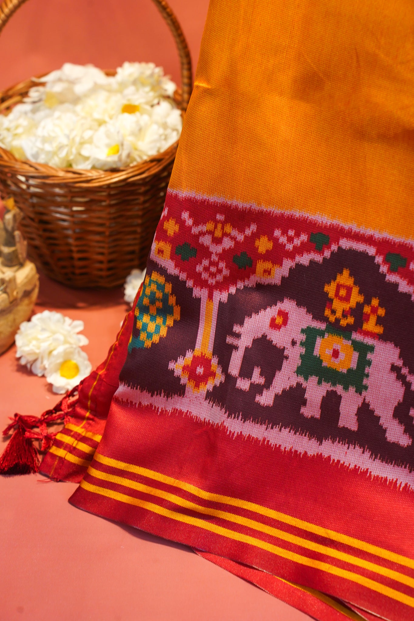 "Utsav Banaras 190" Banarasi Mustard Yellow Patola Silk Saree With Elephant & Peacock Motif
