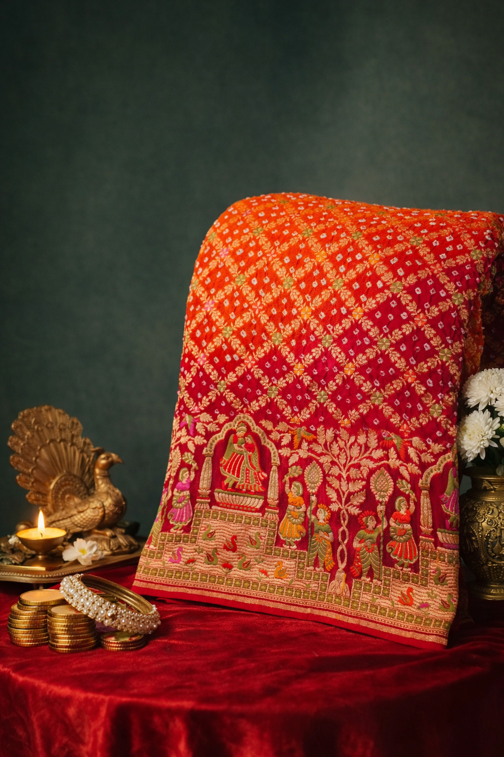 VIRASAT 345: Elegant shade of Red & Orange Pure Banarasi Georgette Silk Bandhani Saree With Meenakari Work on Border