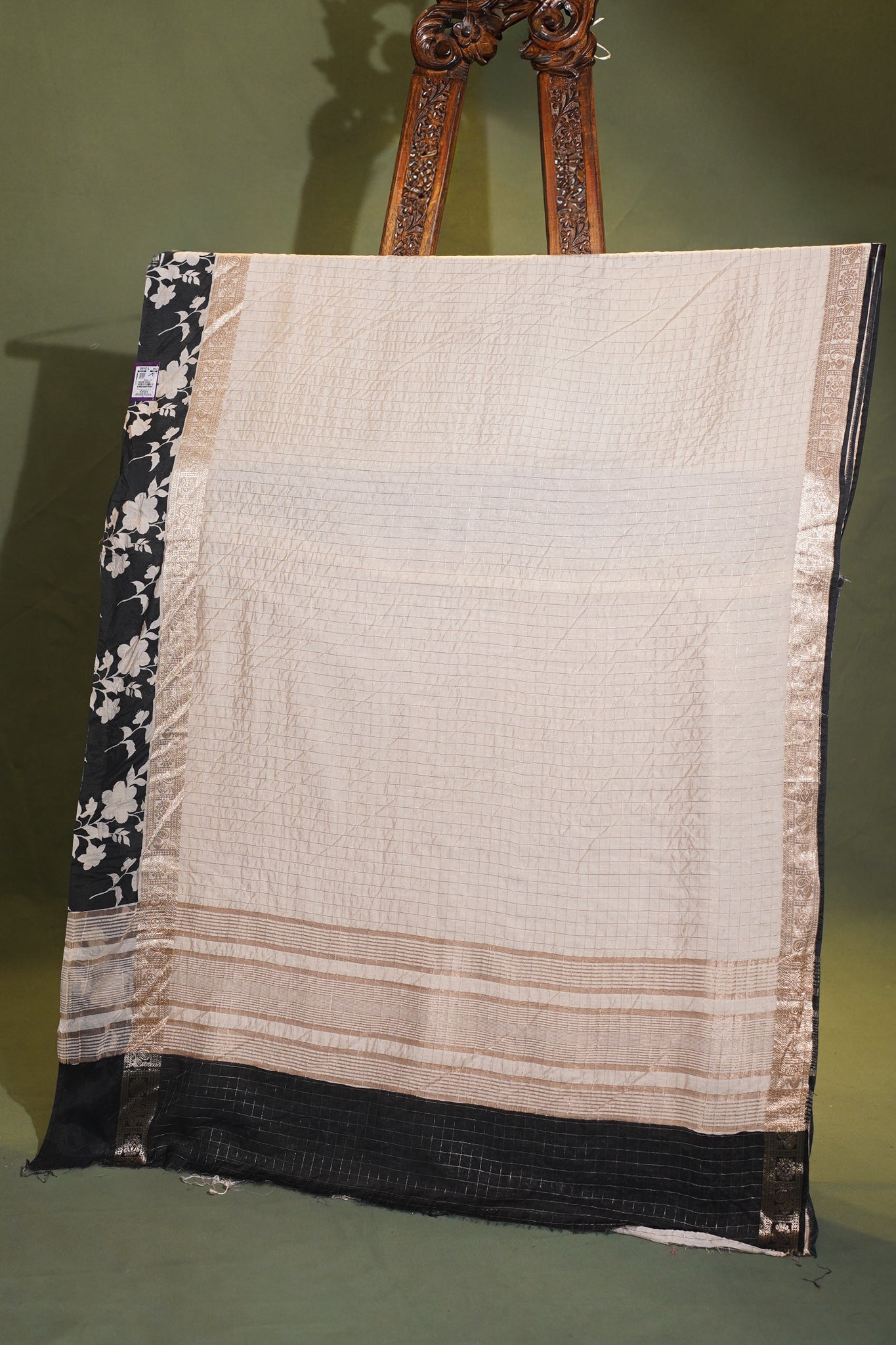 Utsav Banaras 318 Off White Raw Silk Saree with Zari Checks & Floral Border