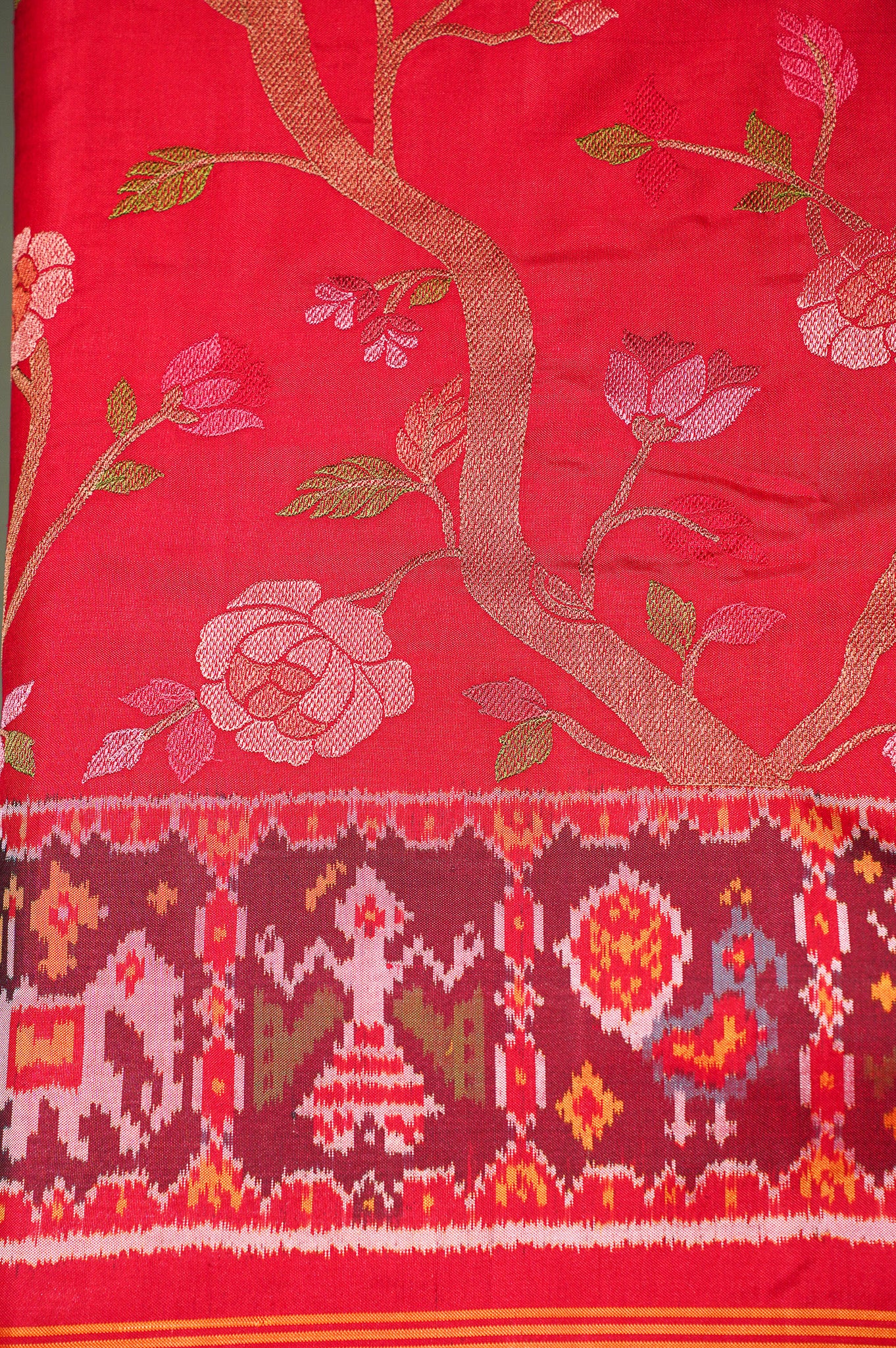 FOUNDER CHOICE 051: Pure Patola Silk Saree in Crimson Red with Floral Vine & Traditional Elephant Motif Pallu