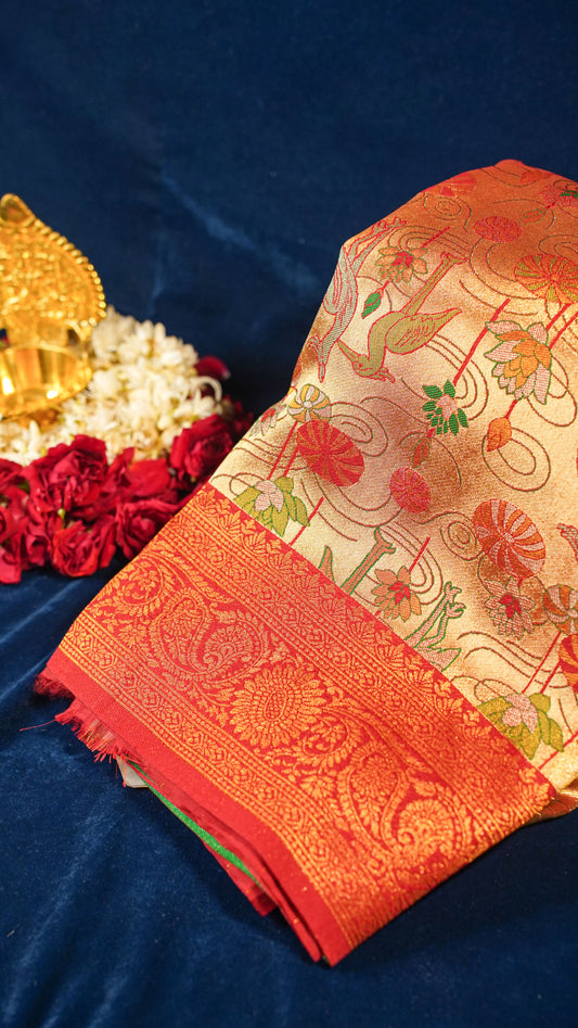 "UTSAV BANARAS 160" Banarasi Golden-Red Kanjivaram Silk Saree
