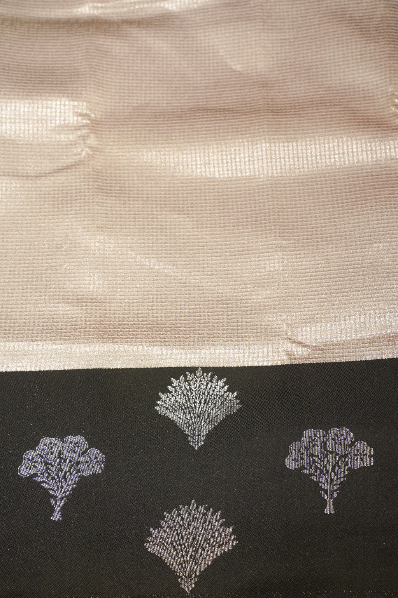 "Utsav Banaras 040B" Banarasi Tanchoi Silk Saree in Silver & Black with Elegant Zari Motifs