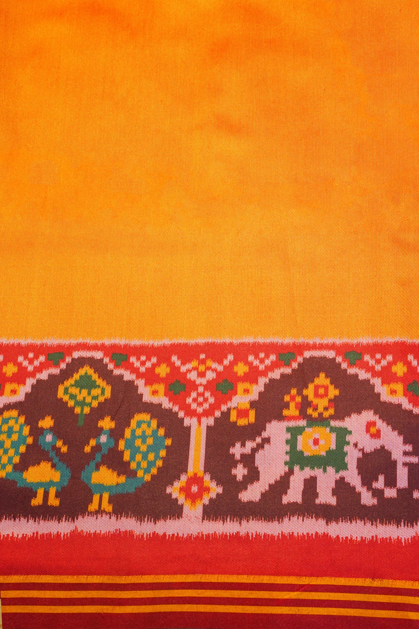 "Utsav Banaras 190" Banarasi Mustard Yellow Patola Silk Saree With Elephant & Peacock Motif