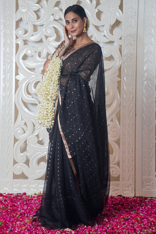"VIRASAT 143" Black Pure Organza Saree With Buti Work