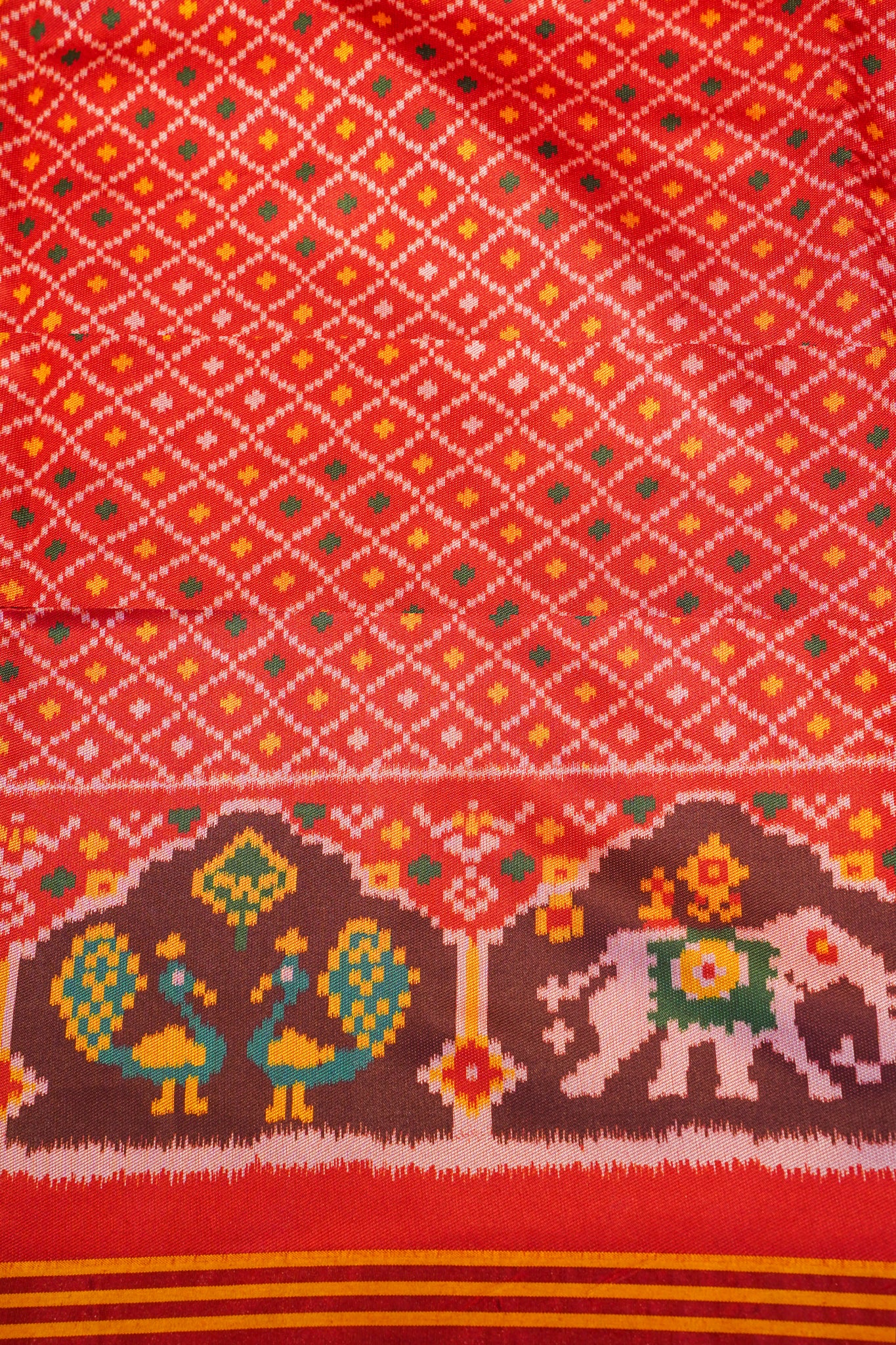 "Utsav Banaras 190" Banarasi Mustard Yellow Patola Silk Saree With Elephant & Peacock Motif