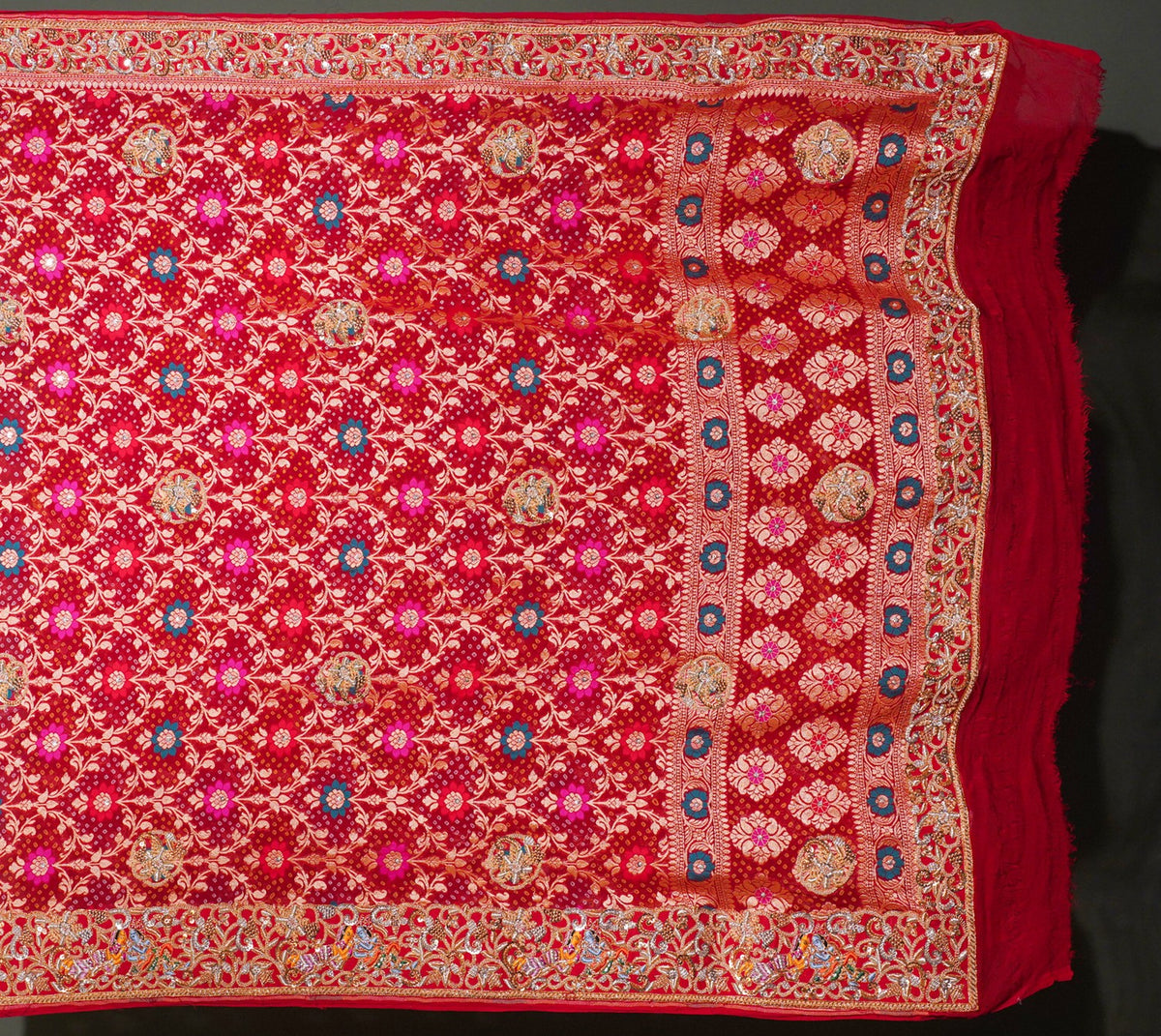 ODHANA 015: Bright Red Handcrafted Bandhani Pure Khaddi Georgette Odhana with Zari Border