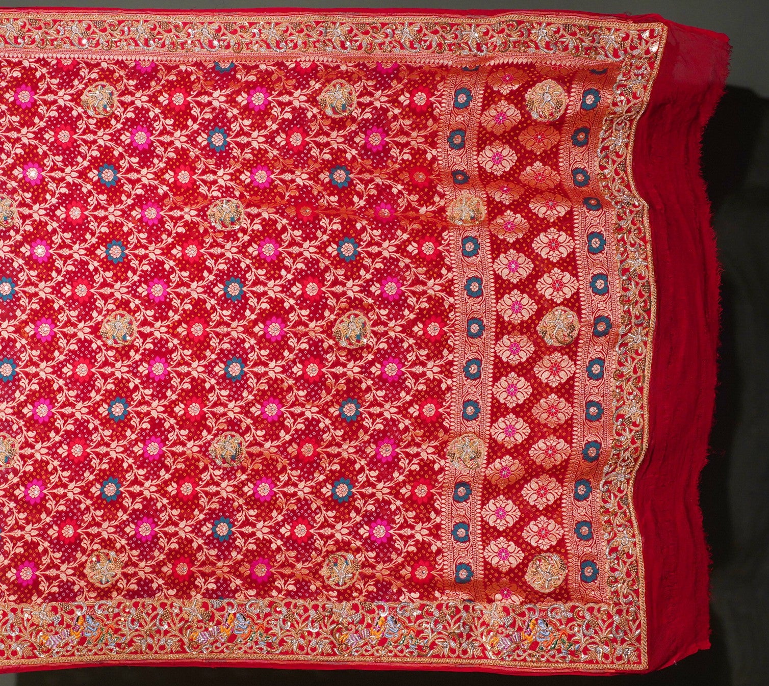 ODHANA 015: Bright Red Handcrafted Bandhani Pure Khaddi Georgette Odhana with Zari Border