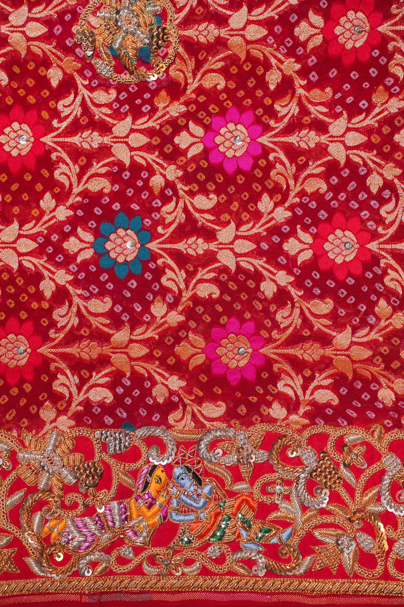 ODHANA 015: Bright Red Handcrafted Bandhani Pure Khaddi Georgette Odhana with Zari Border