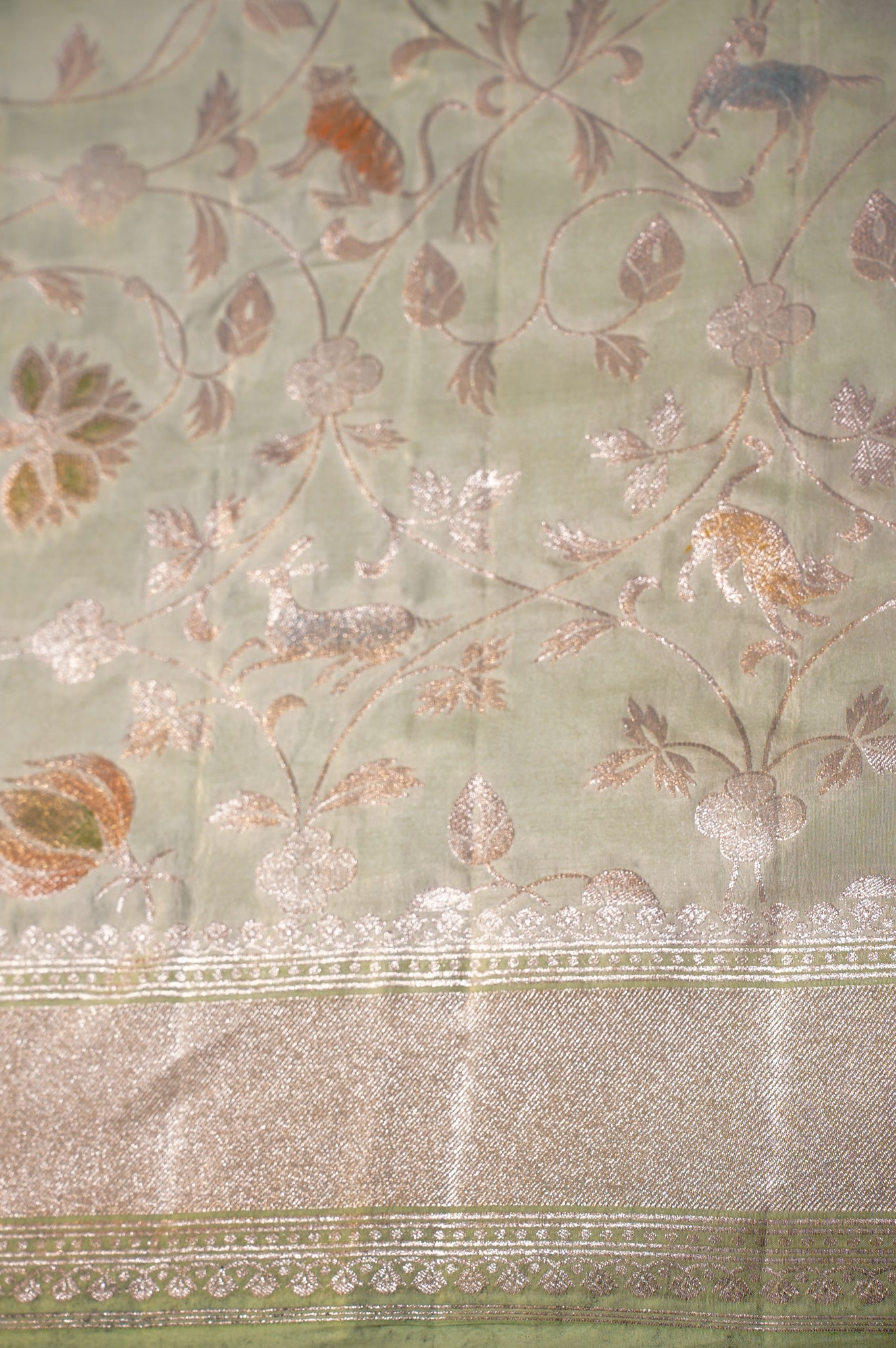 VIRASAT 333: Pista Green Pure Handloom Katan Silk Saree with Zari Shikargah & Meenakari Work - Silk Mark Certified