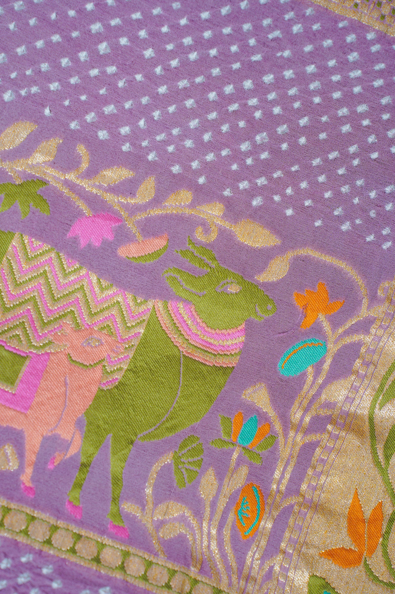 Founder Choice 038: Pure Bandhani Gajji Silk Lavender Saree with Meenakari Body & Bird Motif Border (Silk Certified)