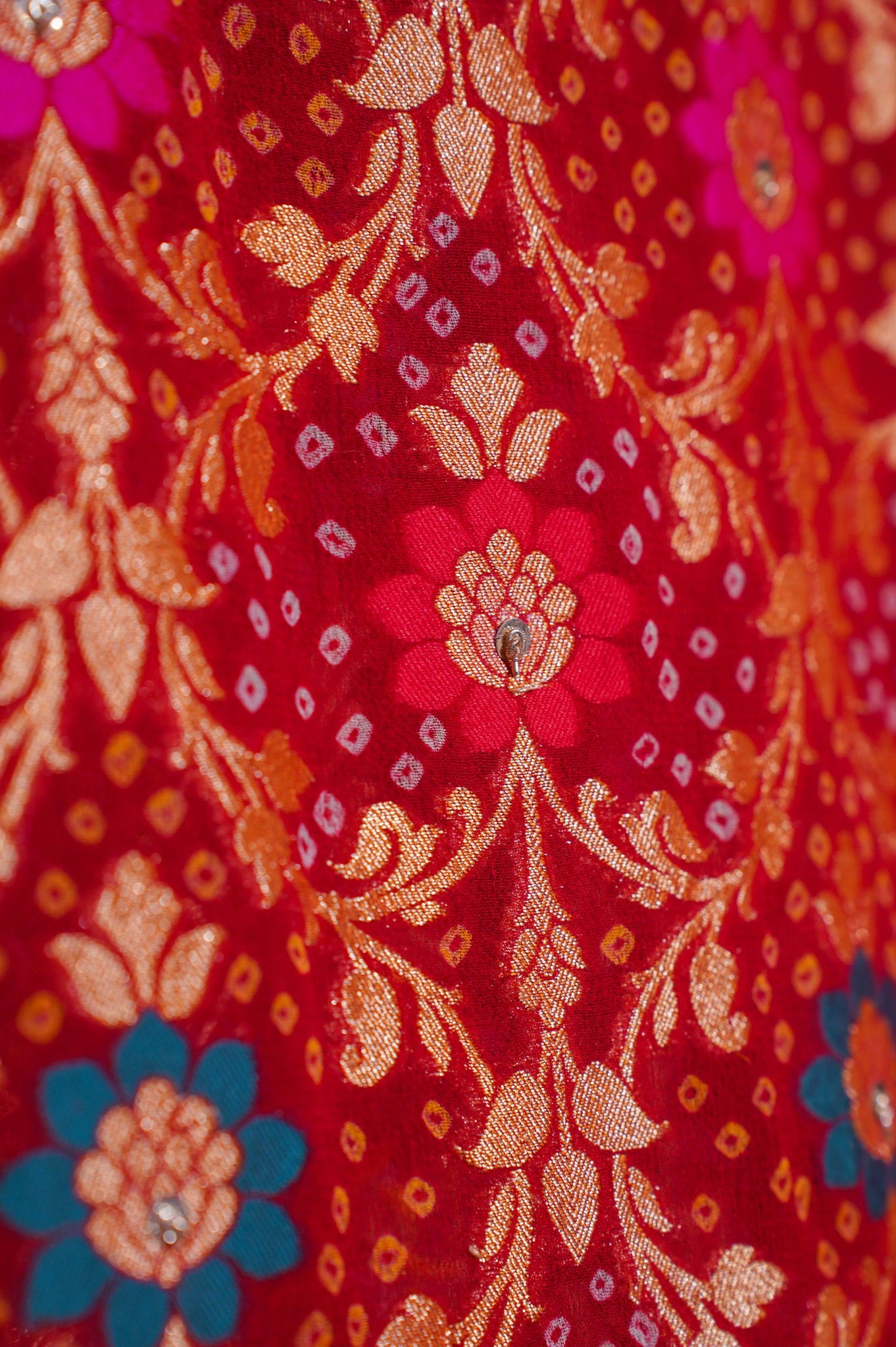 ODHANA 015: Bright Red Handcrafted Bandhani Pure Khaddi Georgette Odhana with Zari Border