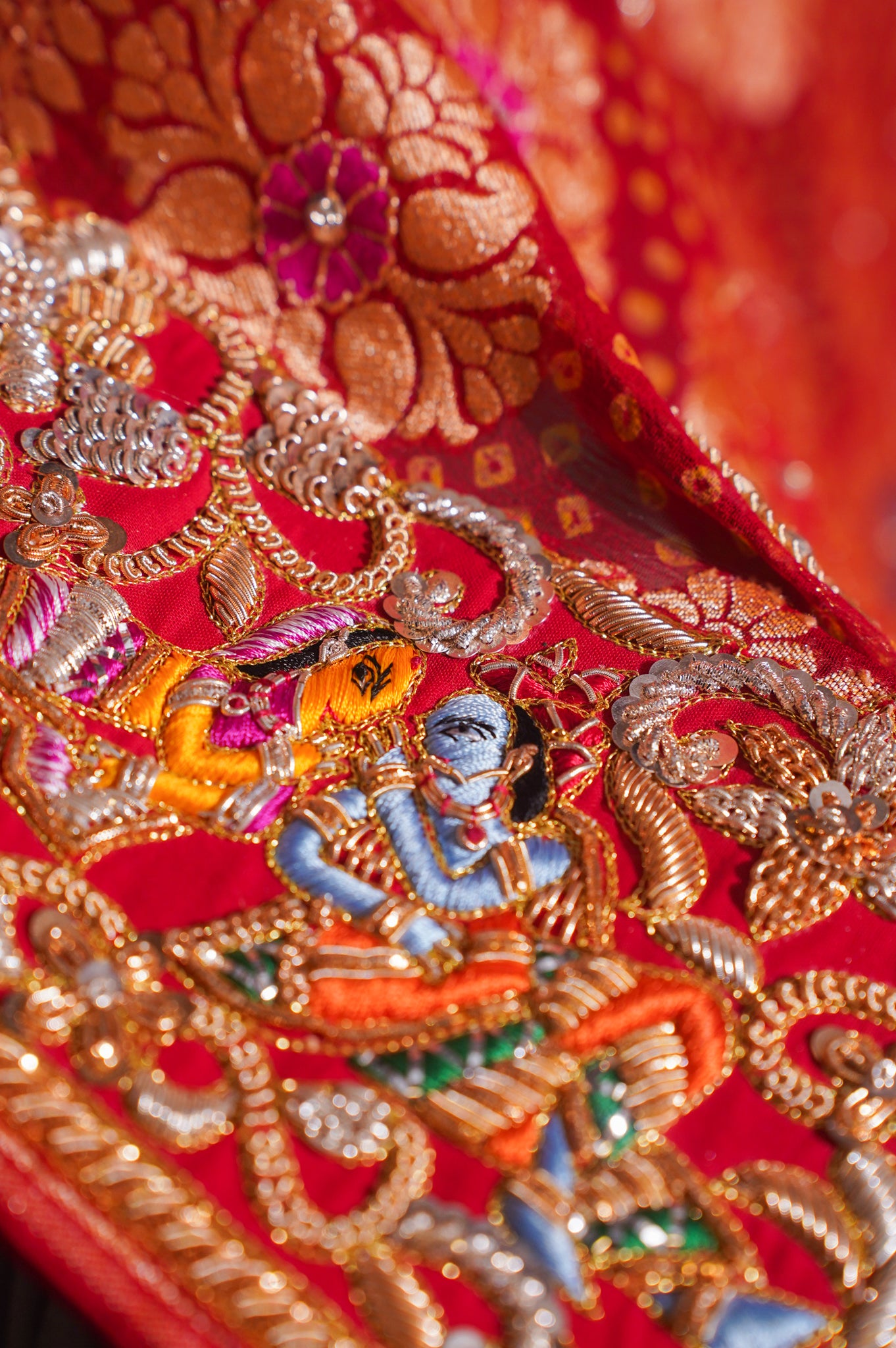 ODHANA 015: Bright Red Handcrafted Bandhani Pure Khaddi Georgette Odhana with Zari Border