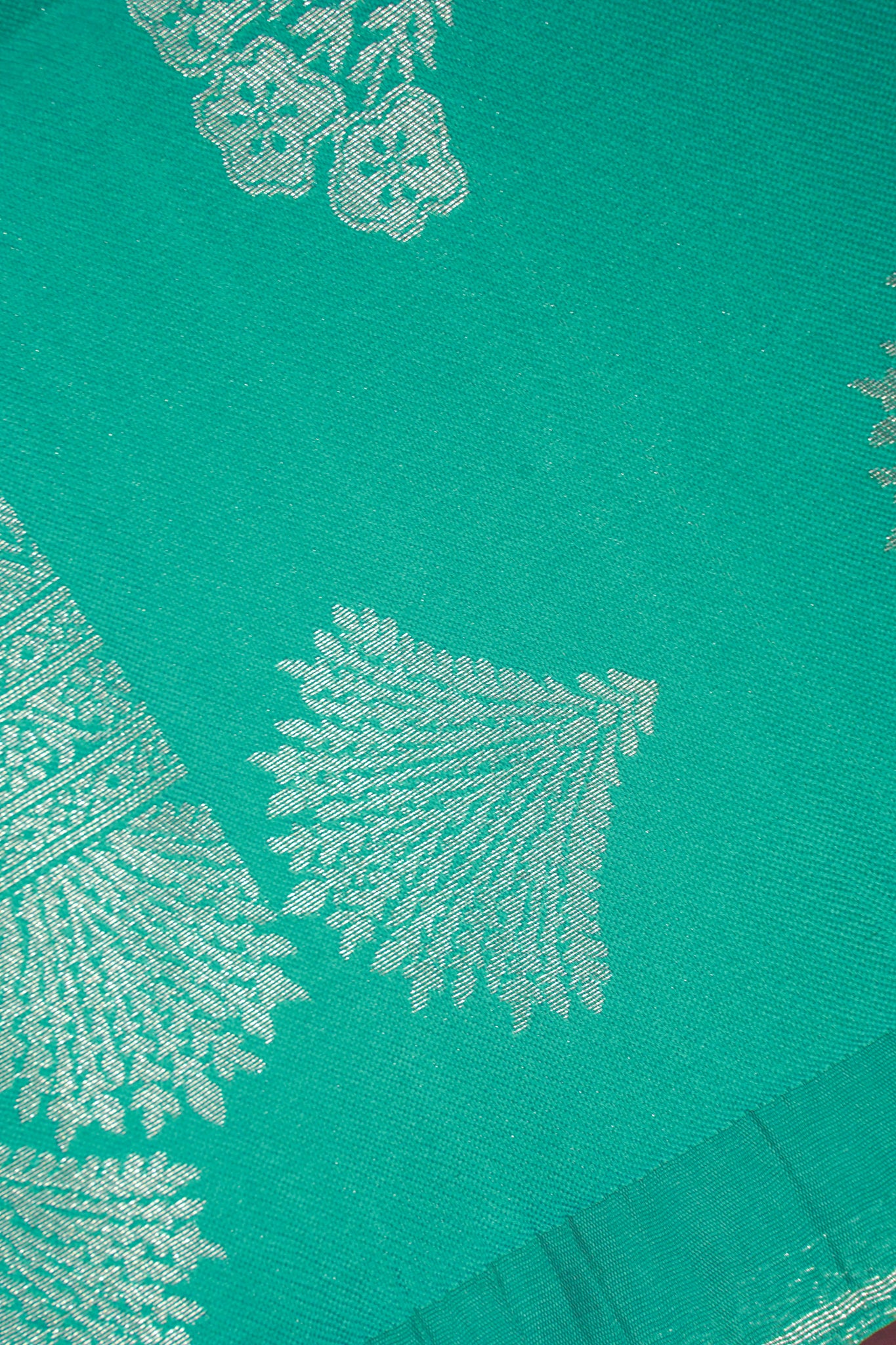 "Utsav Banaras 040A" Banarasi Tanchoi Silk Saree in Yellow & Rama Green with Silver Zari Motifs
