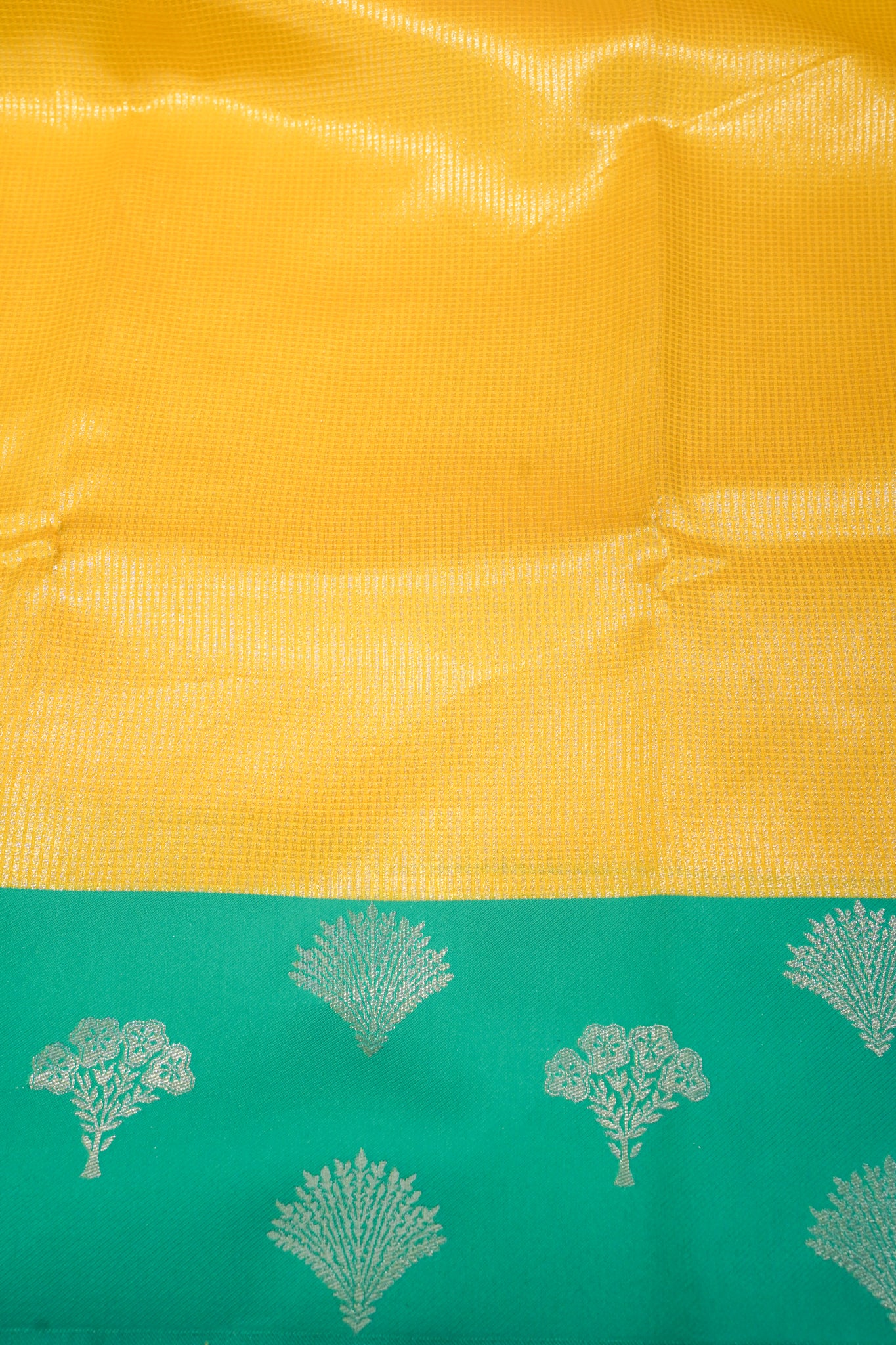 "Utsav Banaras 040A" Banarasi Tanchoi Silk Saree in Yellow & Rama Green with Silver Zari Motifs