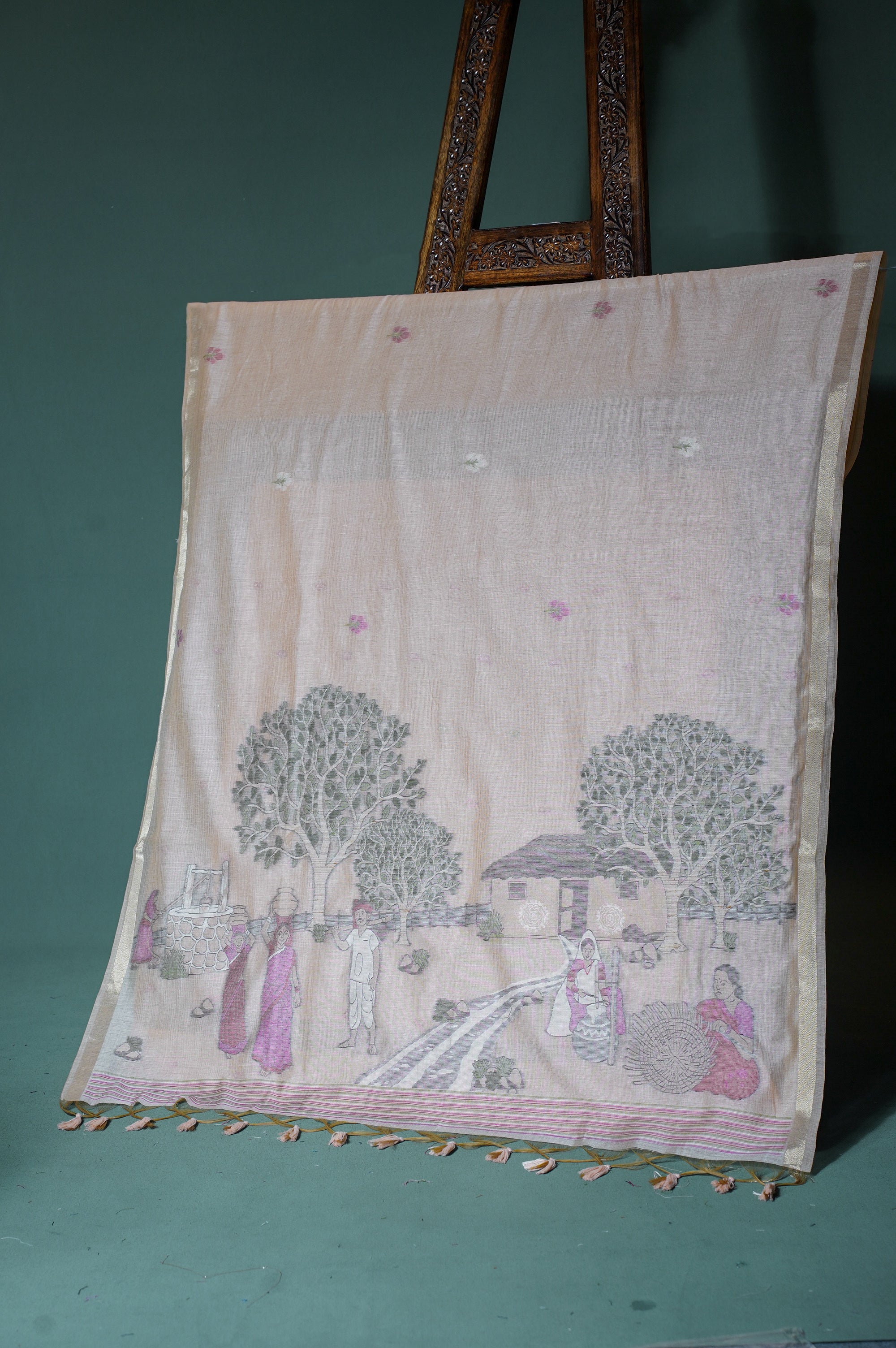 "UTSAV BANARAS 308" Banarasi Chikoo Beige Chanderi Jamdani Saree with Village Life Narrative