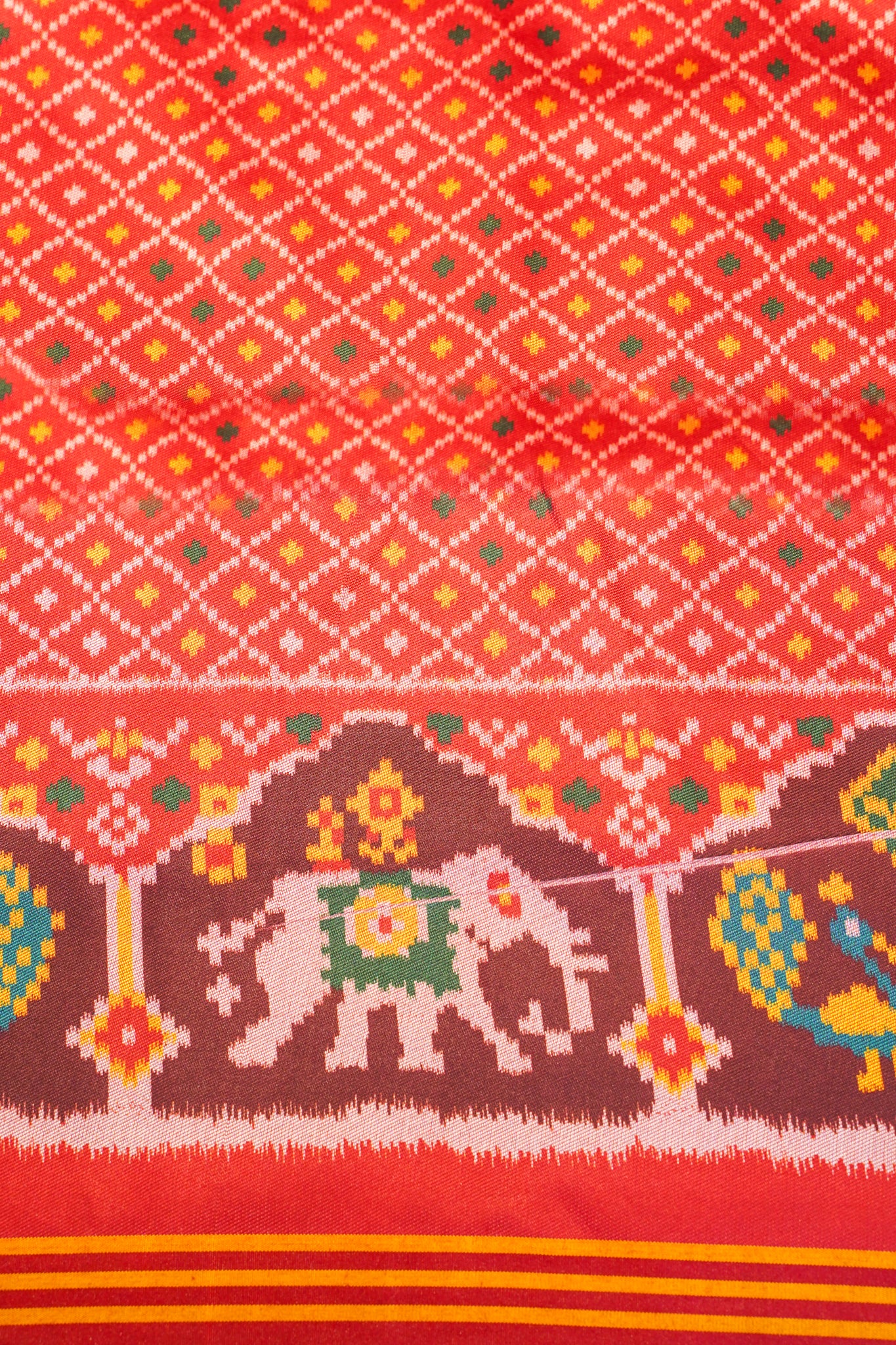 "Utsav Banaras 188" Banarasi Rama Green Patola Silk Saree With Elephant & Peacock Motif Border