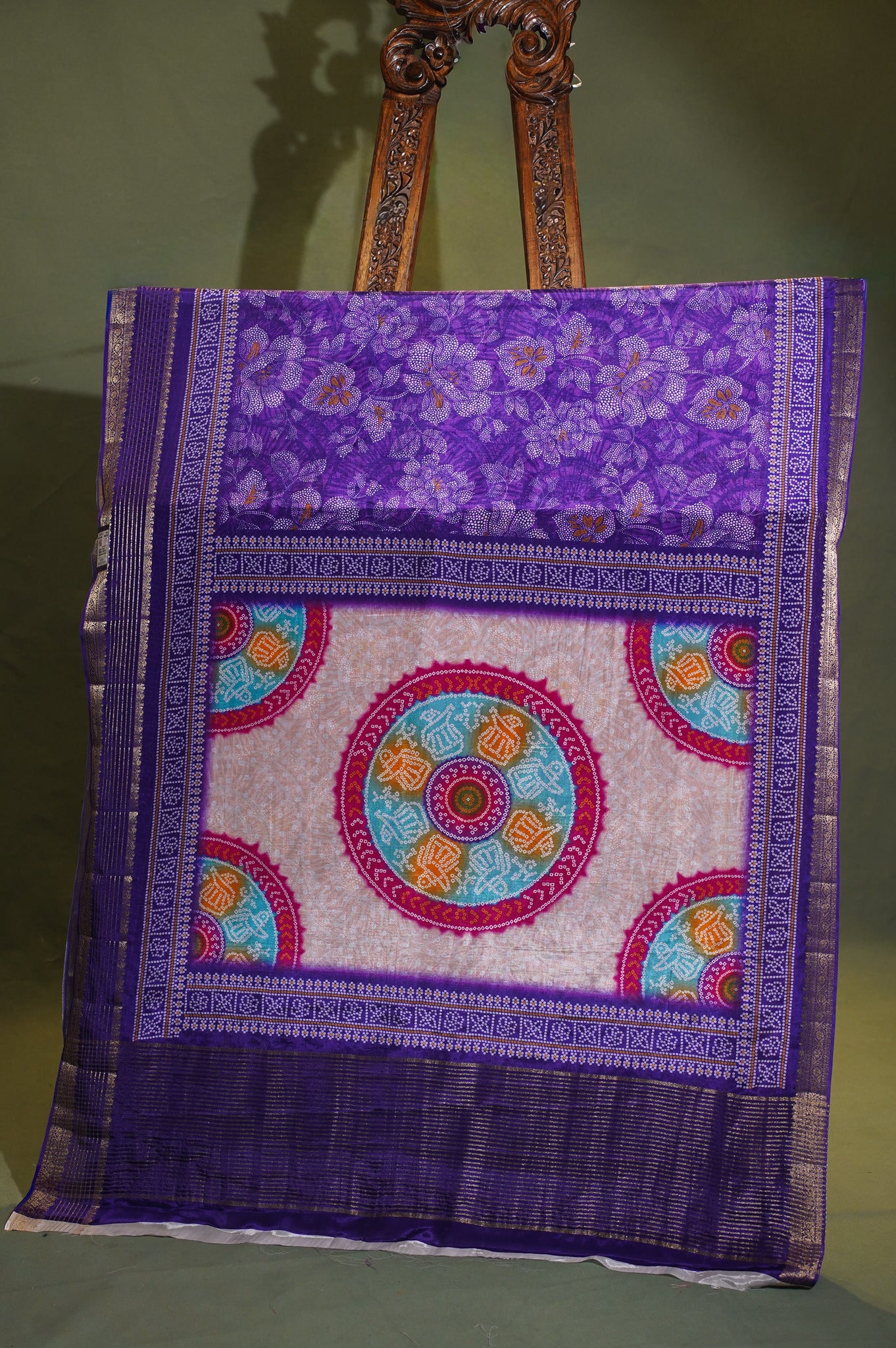 Waah Banaras 064 Violet Malai Silk Saree with Floral & leaf Print & Zari Border