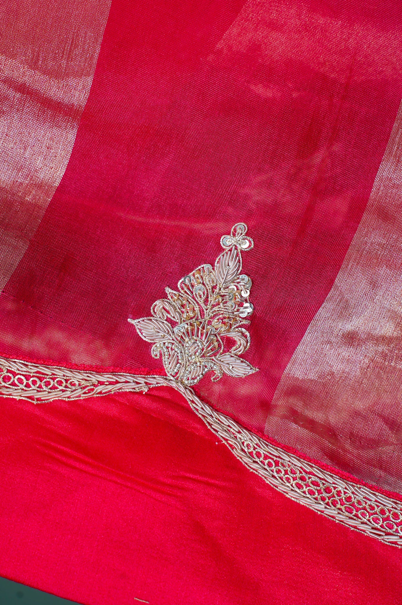 Founder Choice 030: Crimson Red Pure Organza Tissue Silk Saree With Scallop Zardozi Fina Work (Silk Certified)