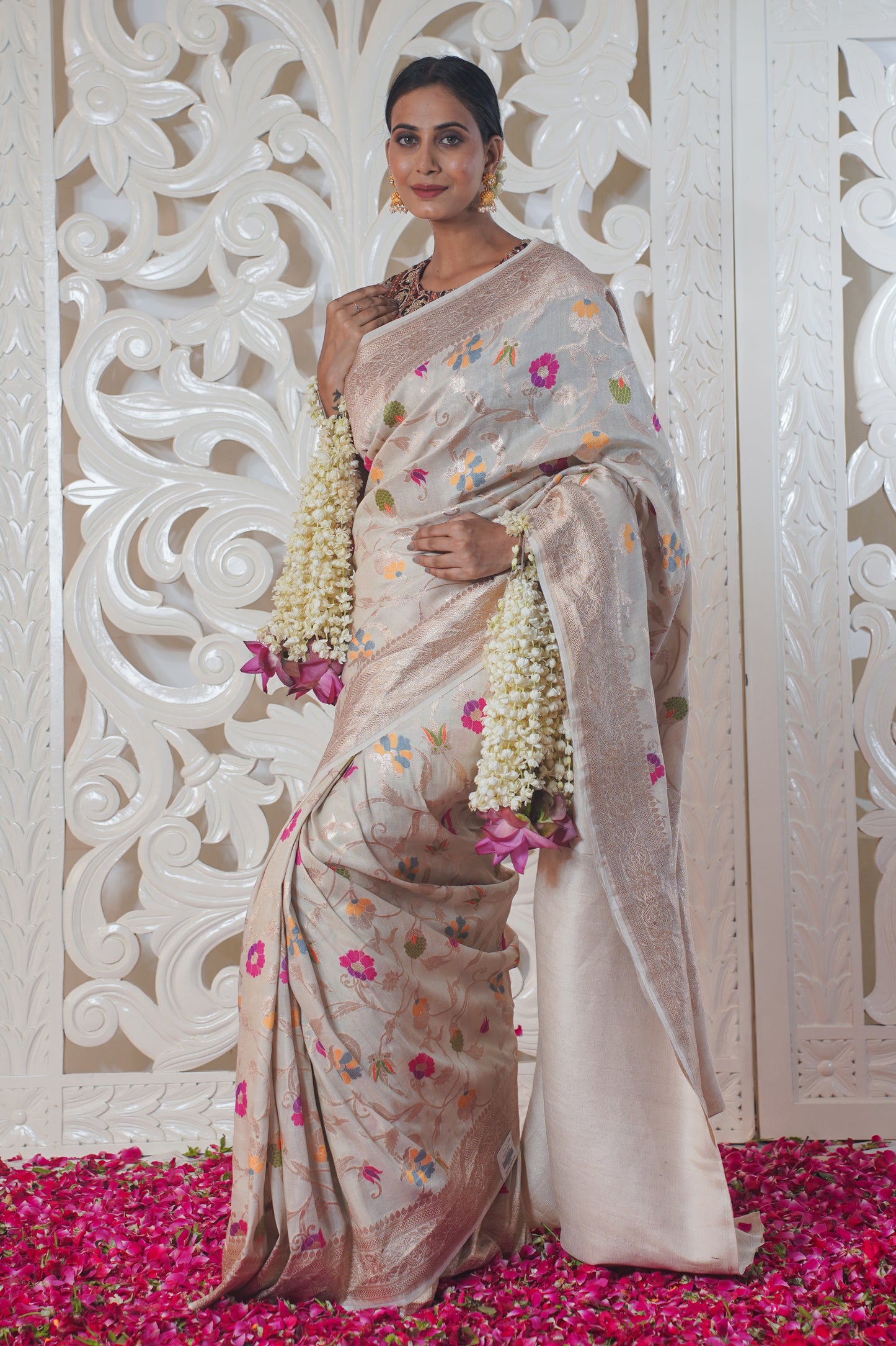 "Virasat 142" White Pure Silk Banarasi Saree With Meenakari work