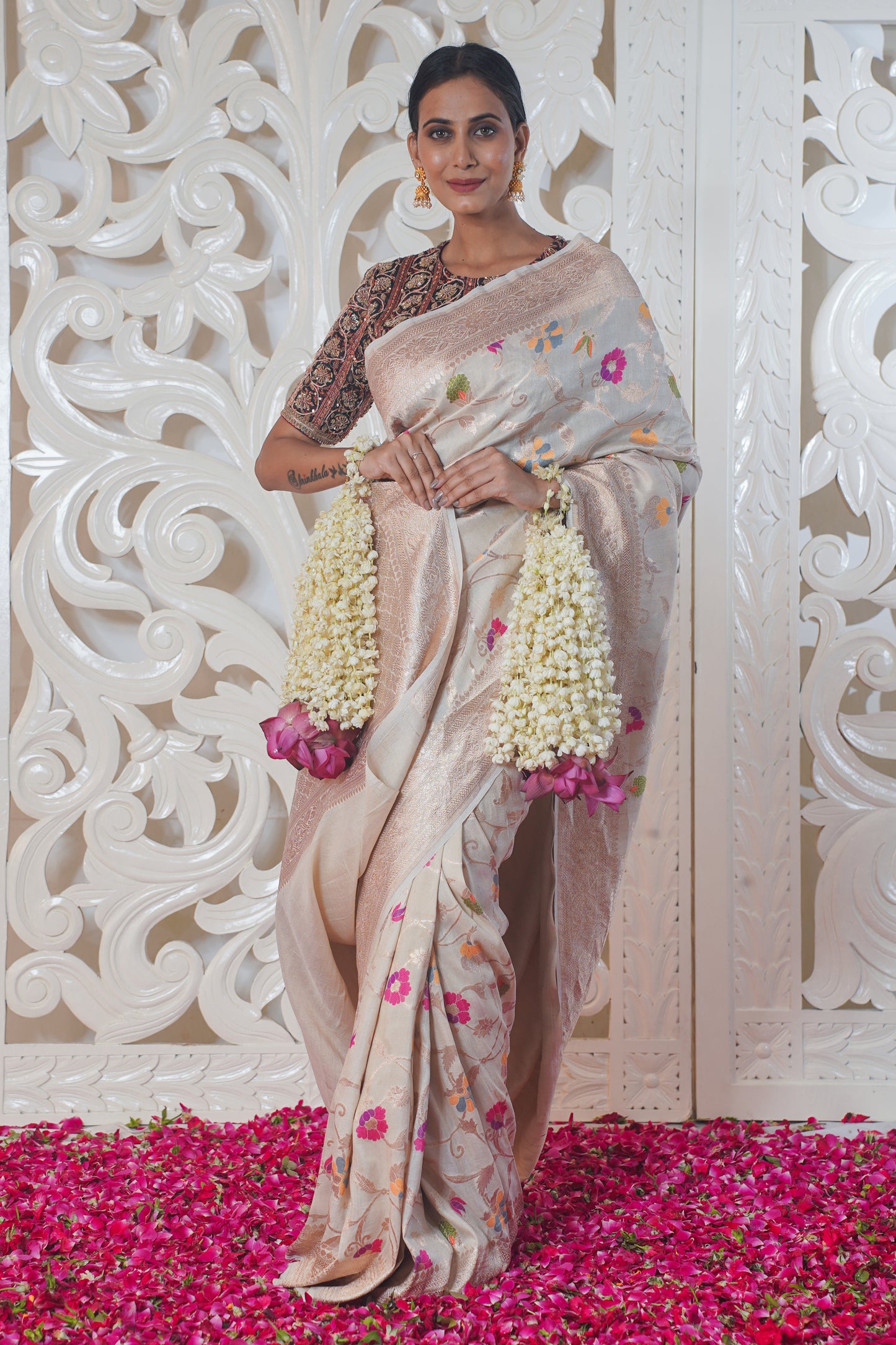 "Virasat 142" White Pure Silk Banarasi Saree With Meenakari work
