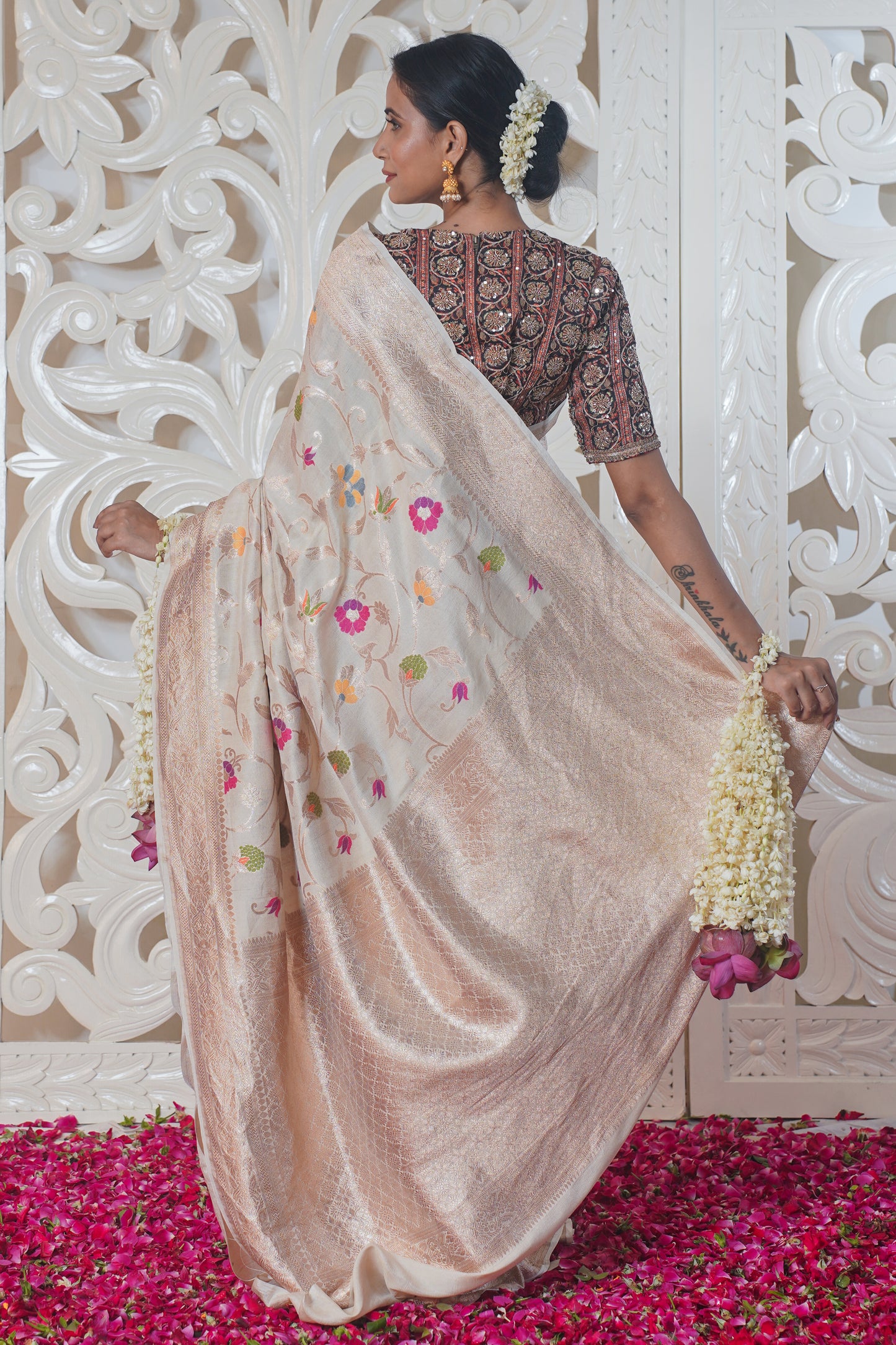 "Virasat 142" White Pure Silk Banarasi Saree With Meenakari work