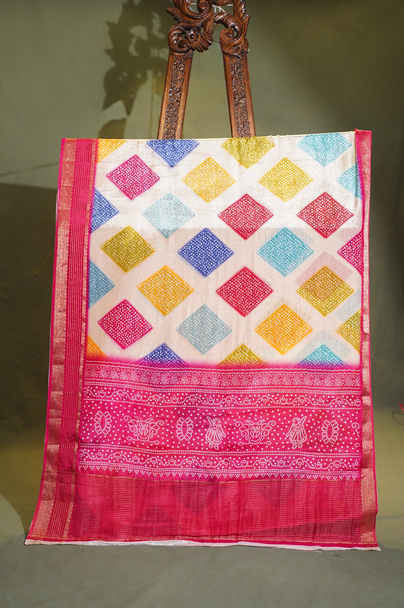 Waah Banaras 065 Creamy White & Pink Malai Silk Saree with Chunari Square Print & Zari Border