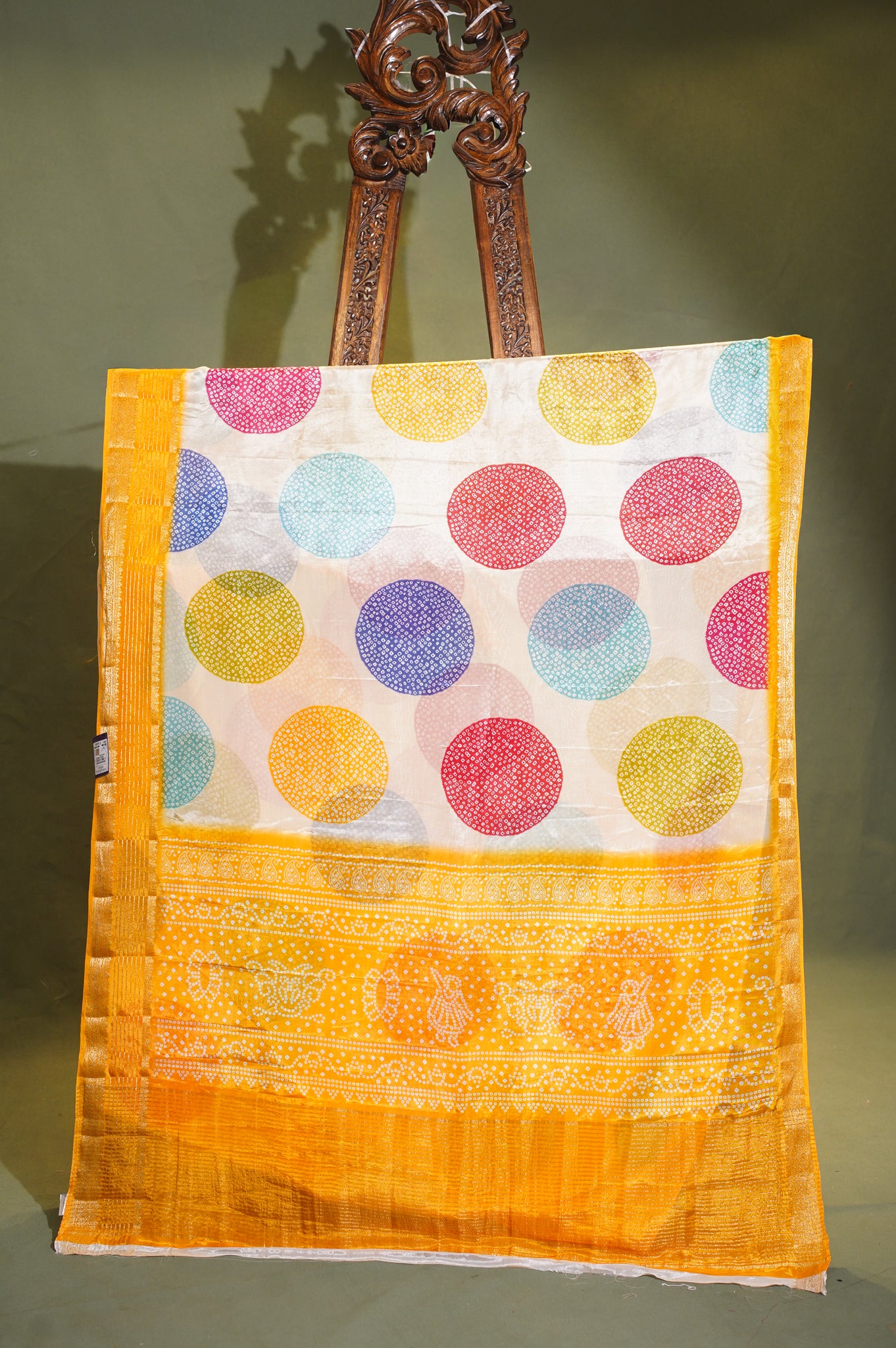 Waah Banaras 070 Creamy White & Yellow Malai Silk Saree with Chunari Big Buta Print & Zari Border