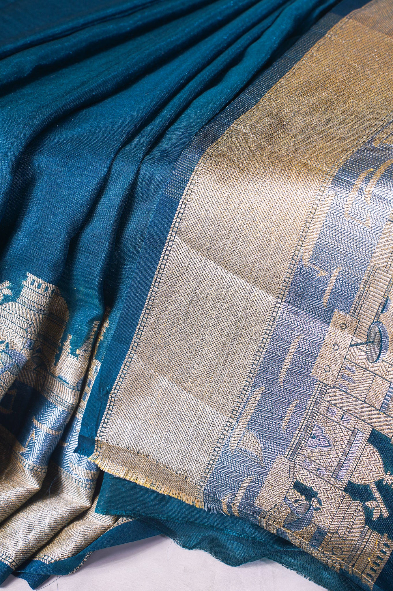 "UTSAV BANARAS 003E" Banarasi Teal Blue Kashi Ghat Pattern Silk Saree With Pictorial Border