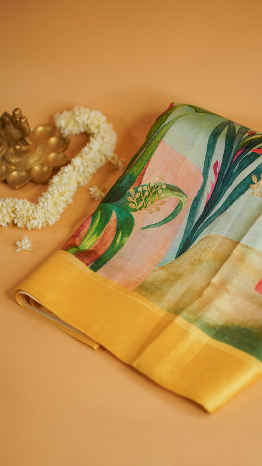 Rangrasiya "Pure Mango Raw Silk With Pure Zari Kadwa Work In Vibrant Color Fusion"