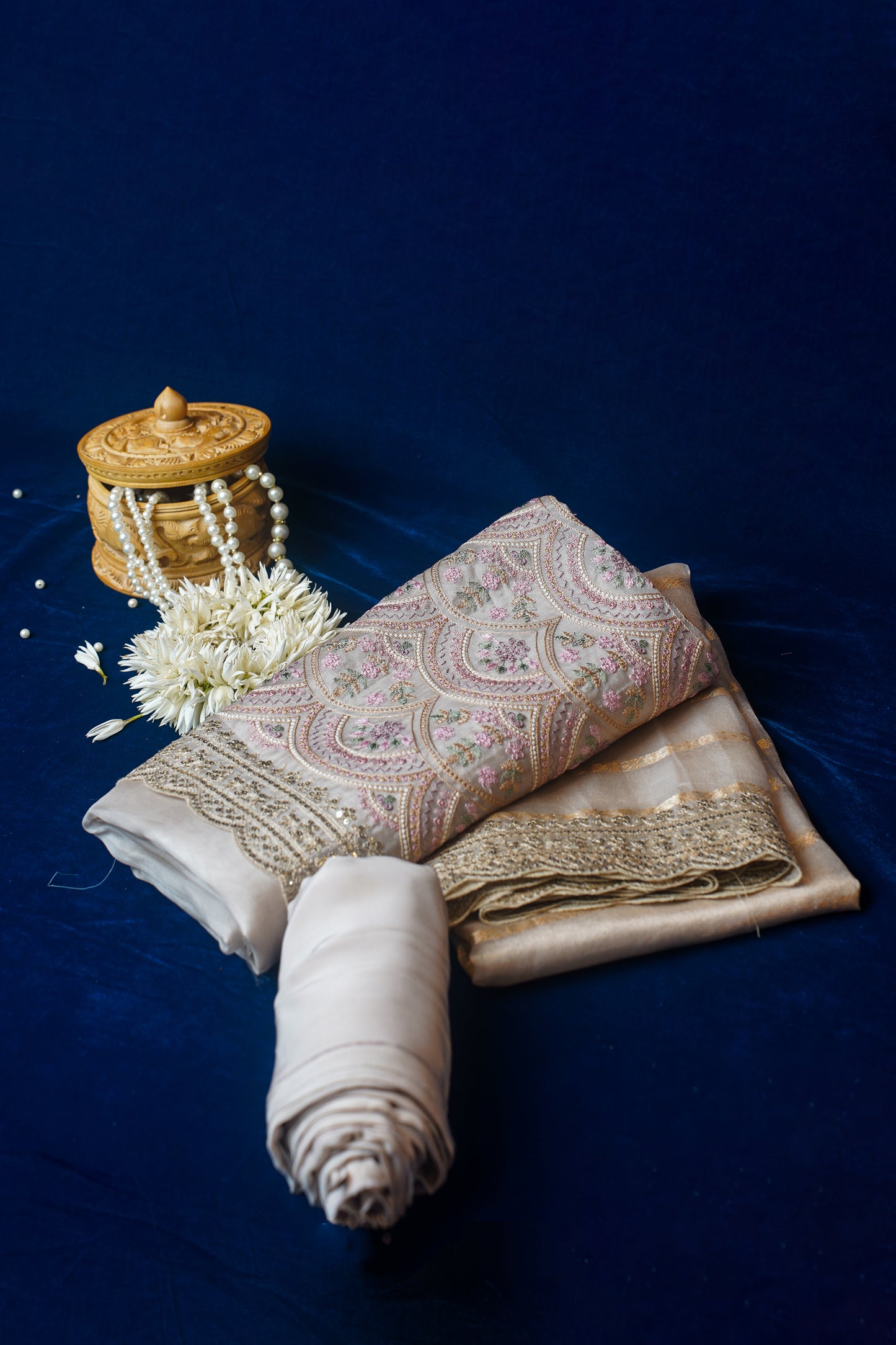 Tarini Beige Pure Tissue Silk Banarasi Unstitched Salwar Suit Set