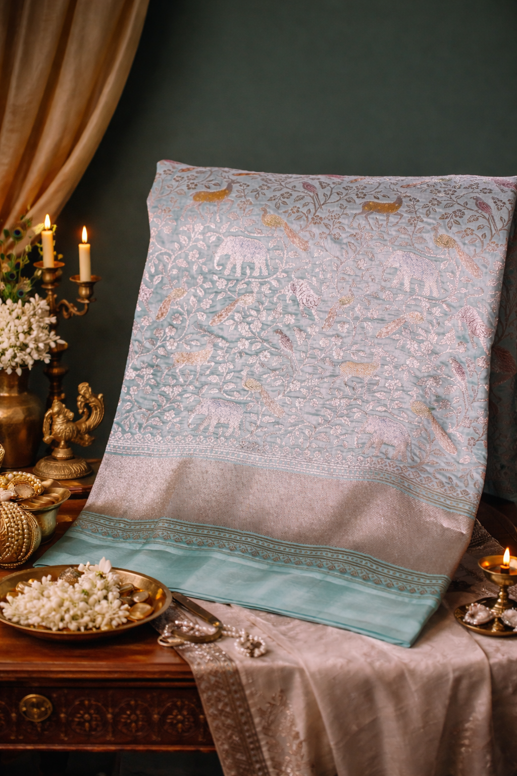 VIRASAT 338: Ice Blue Pure Handloom Katan Silk Saree with Zari Shikargah & Meenakari Work - Silk Mark Certified