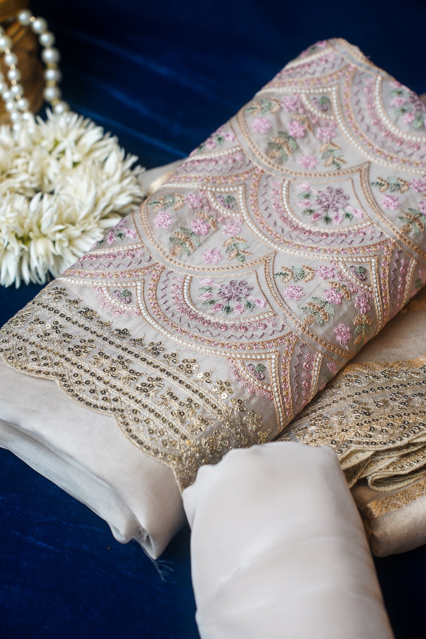 Tarini Beige Pure Tissue Silk Banarasi Unstitched Salwar Suit Set