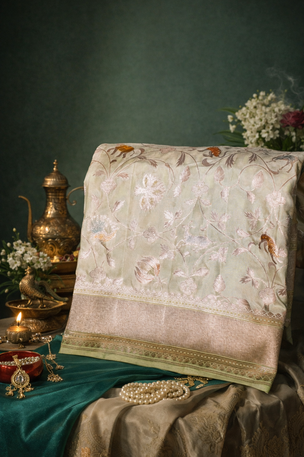VIRASAT 333: Pista Green Pure Handloom Katan Silk Saree with Zari Shikargah & Meenakari Work - Silk Mark Certified