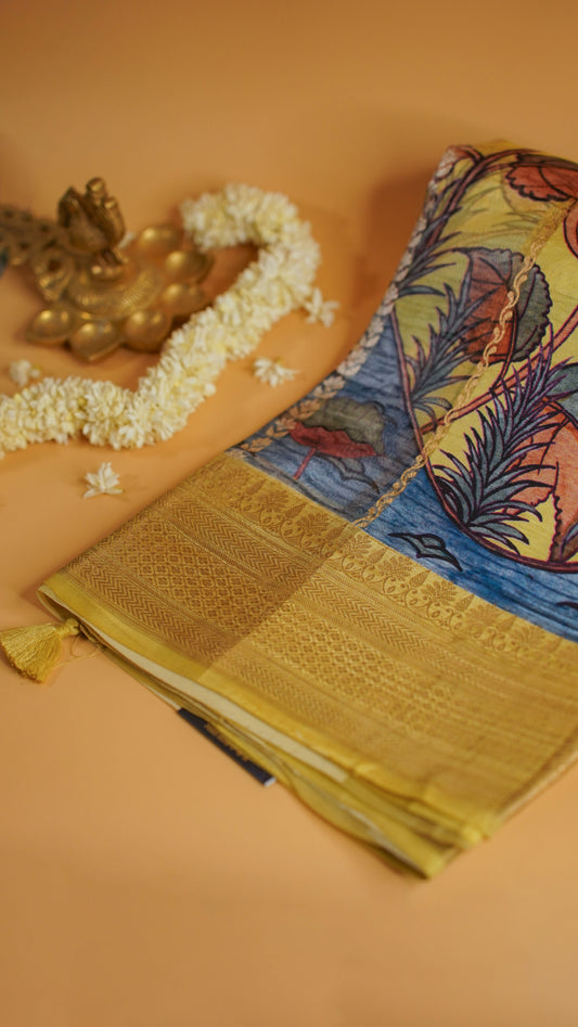 Rangrasiya "Pure Mango Raw Silk With Pure Zari Kadwa Work In Vibrant Color Fusion"