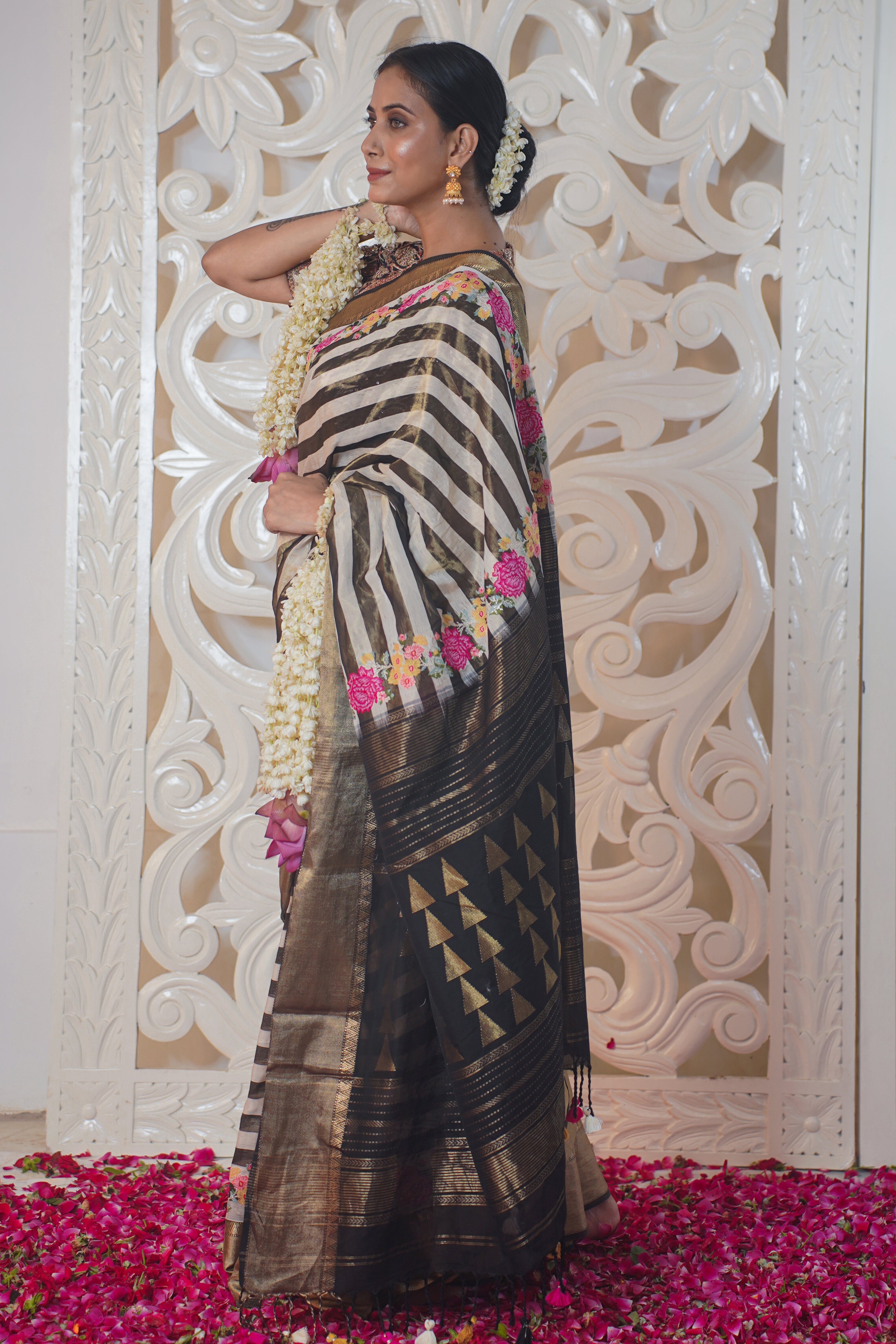 VIRASAT 326: Black and White Stripe Pattern Pure Banarasi Silk Saree