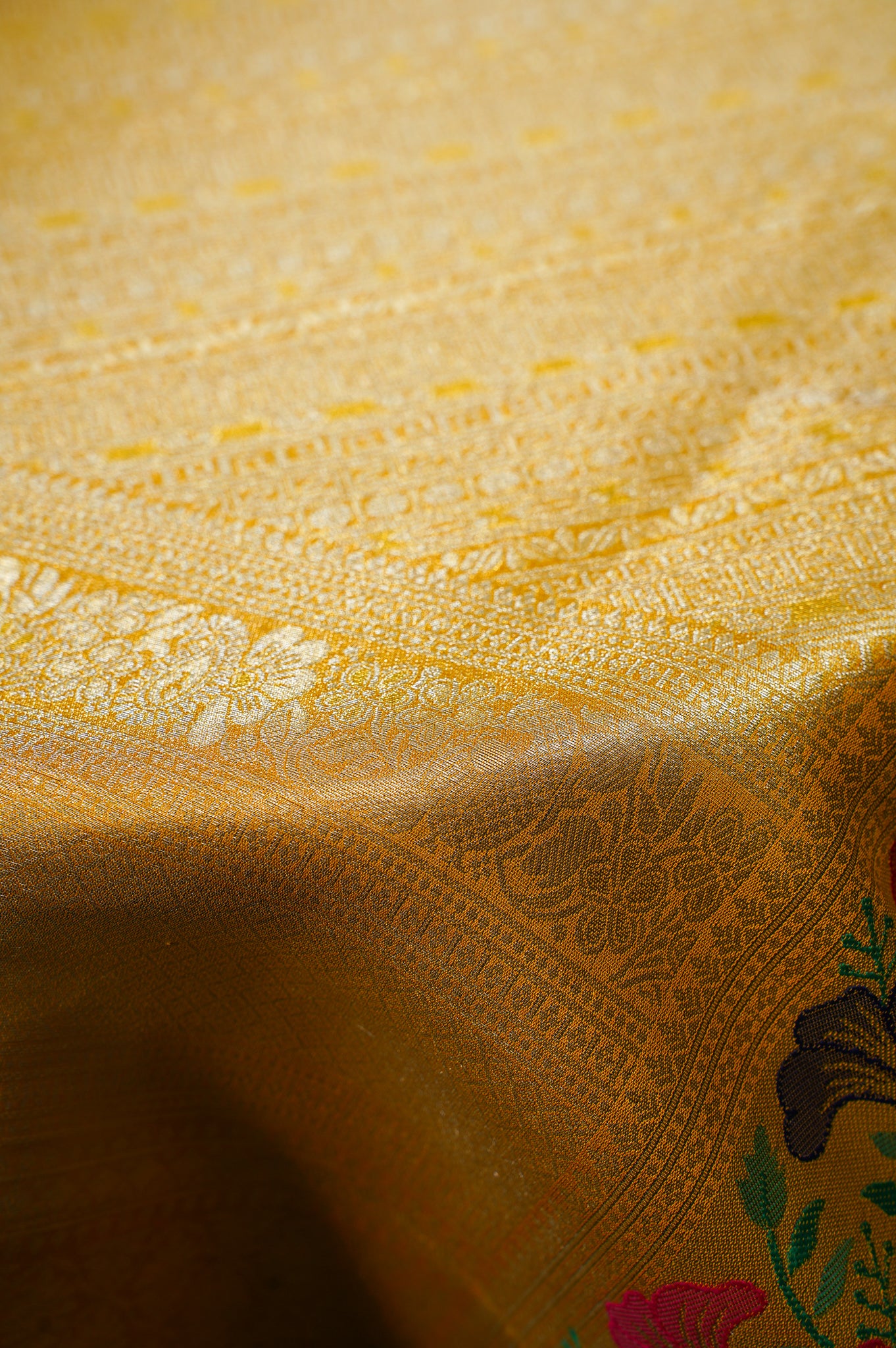 UTSAV BANARAS 349: Mustard Gold Brocade Tissue Silk Saree with Multicolor Meenakari Zari Border