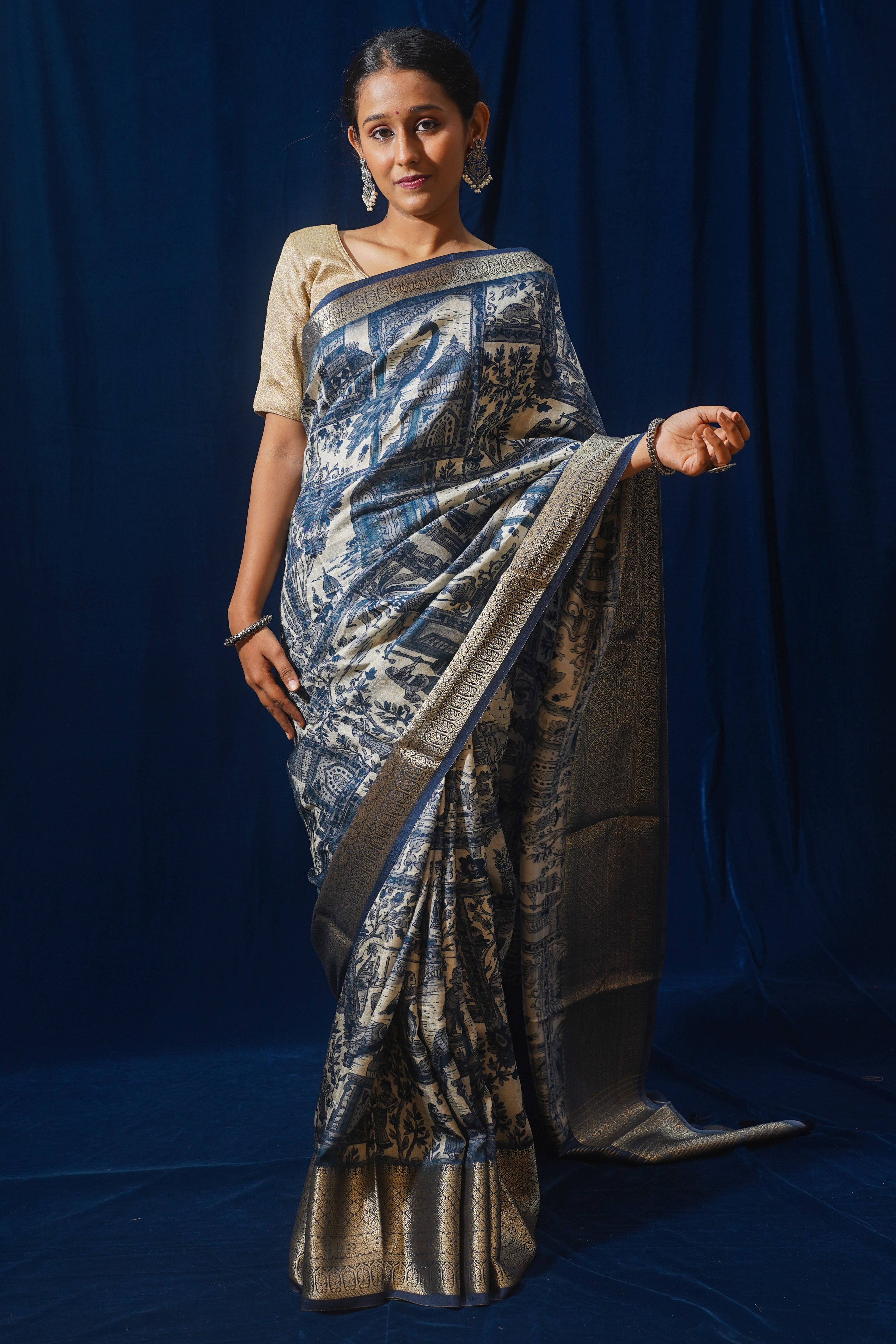 Mrinalini Blue Natural Moonga Georgette Saree with Handloom Border