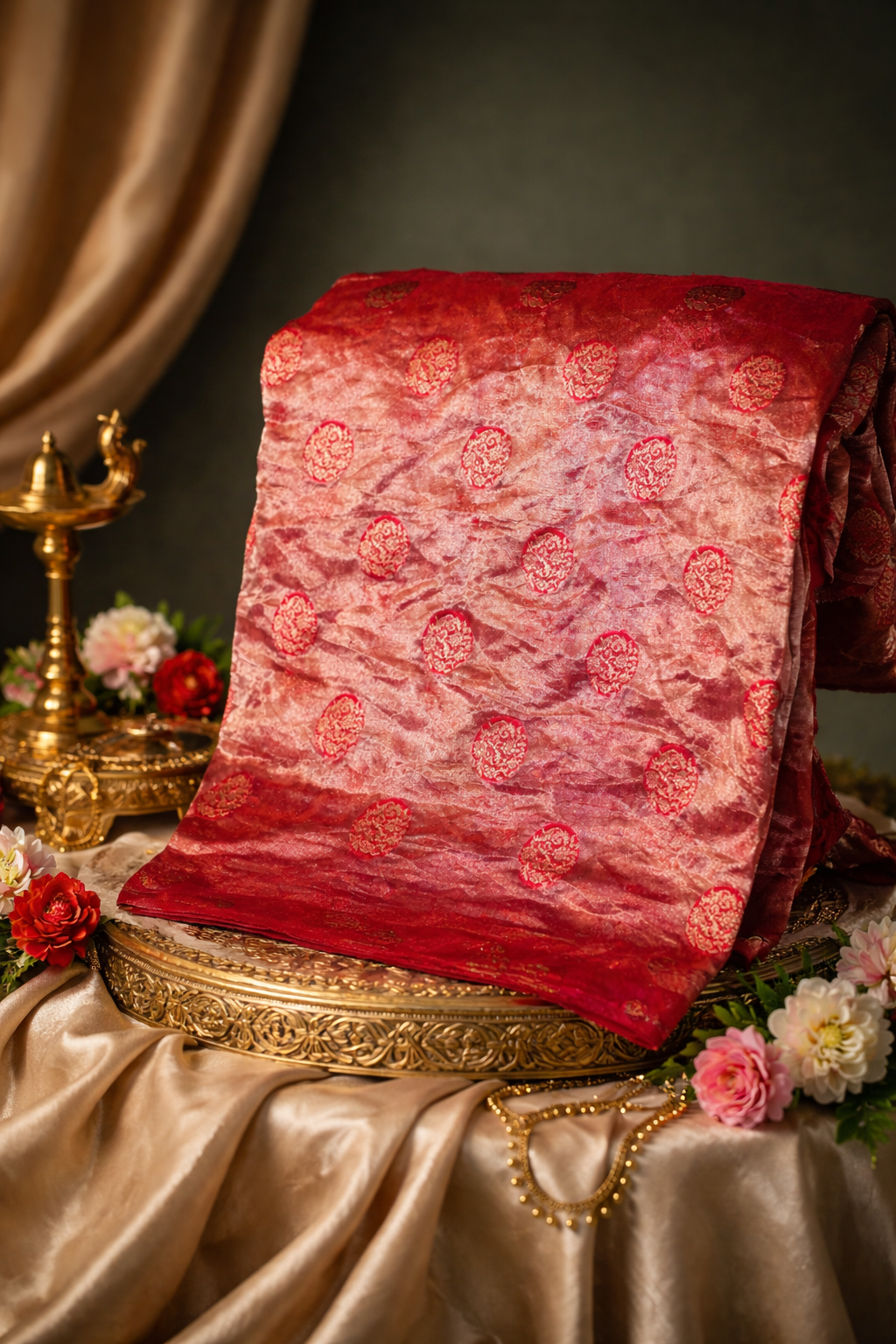 Virasat 351: Royal Blush Red Pure Tissue Silk Saree with Allover Buta & Chunari Palla