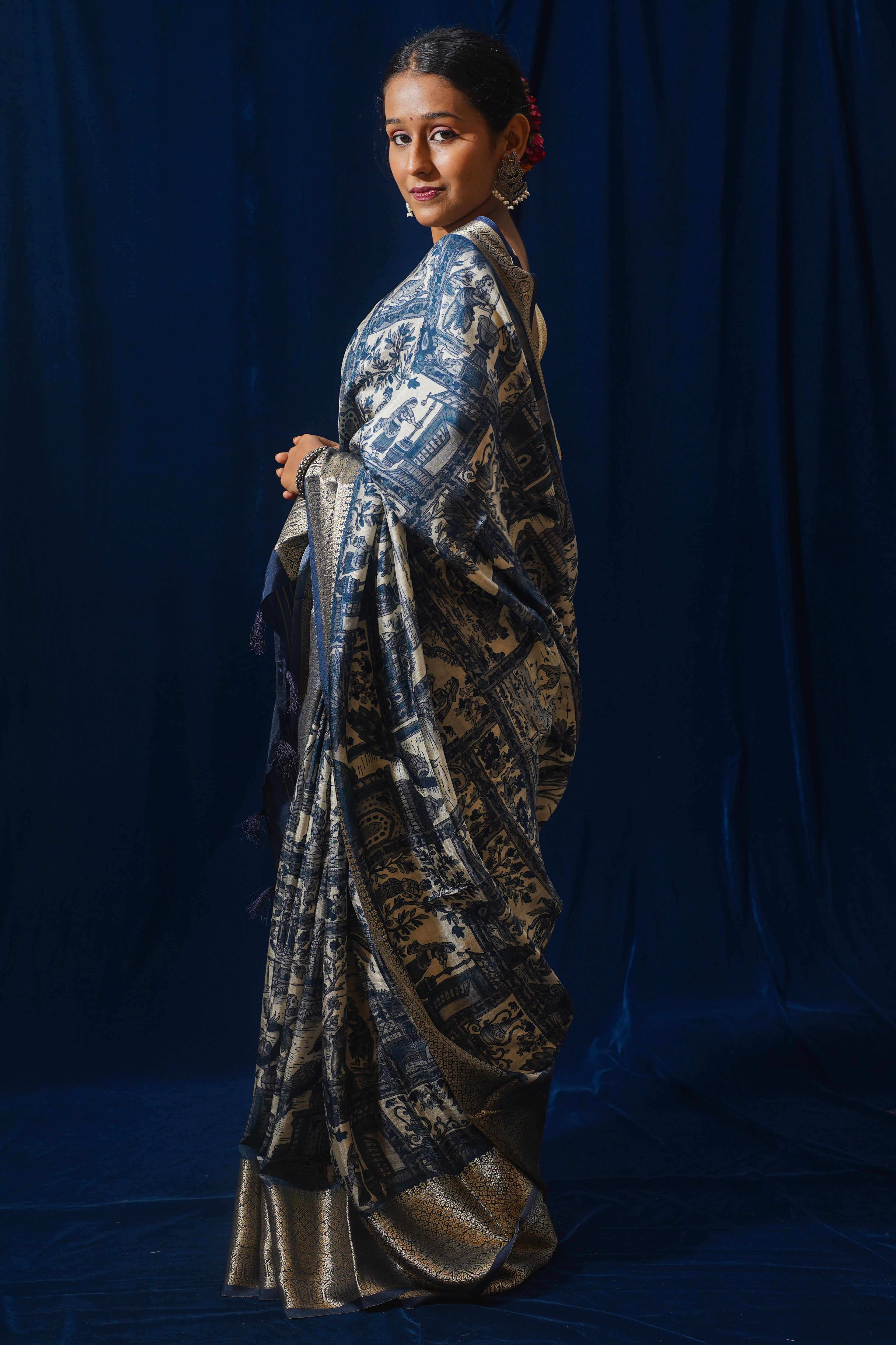 Mrinalini Blue Natural Moonga Georgette Saree with Handloom Border