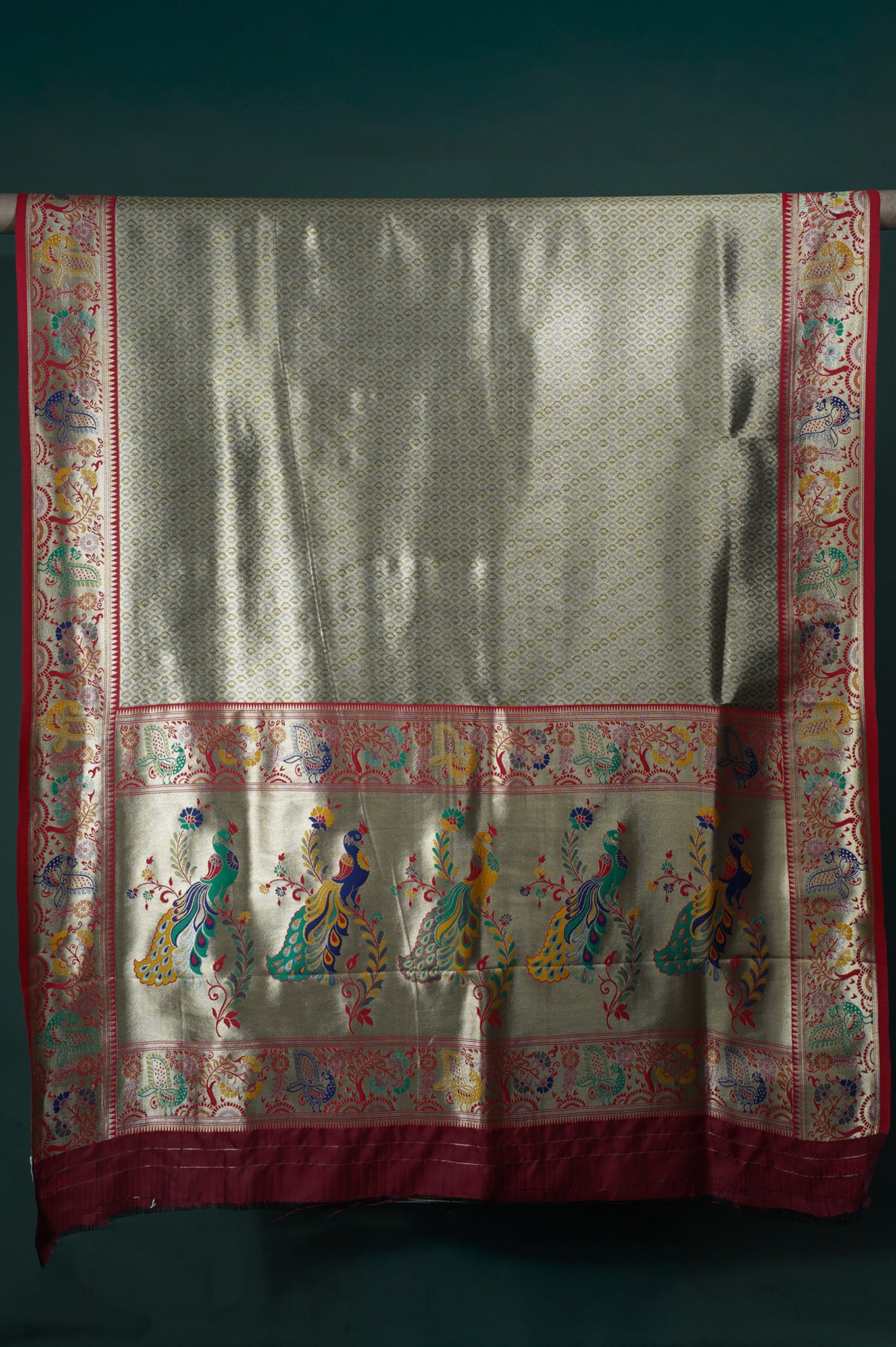 UTSAV BANARAS 353: Ivory Gold Brocade Tissue Silk Saree with Multicolor Peacock Meenakari Zari Border & Palla