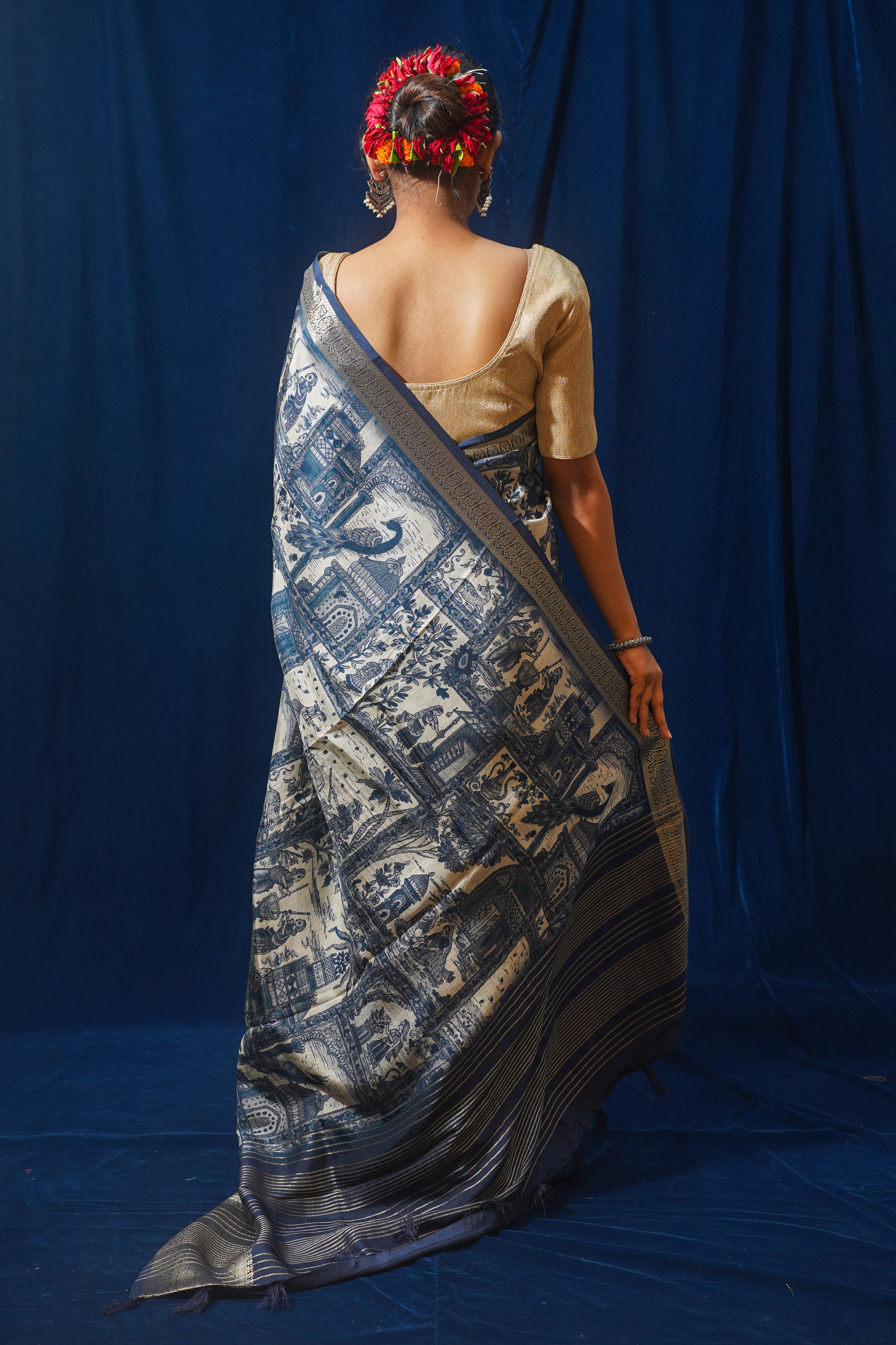 Mrinalini Blue Natural Moonga Georgette Saree with Handloom Border
