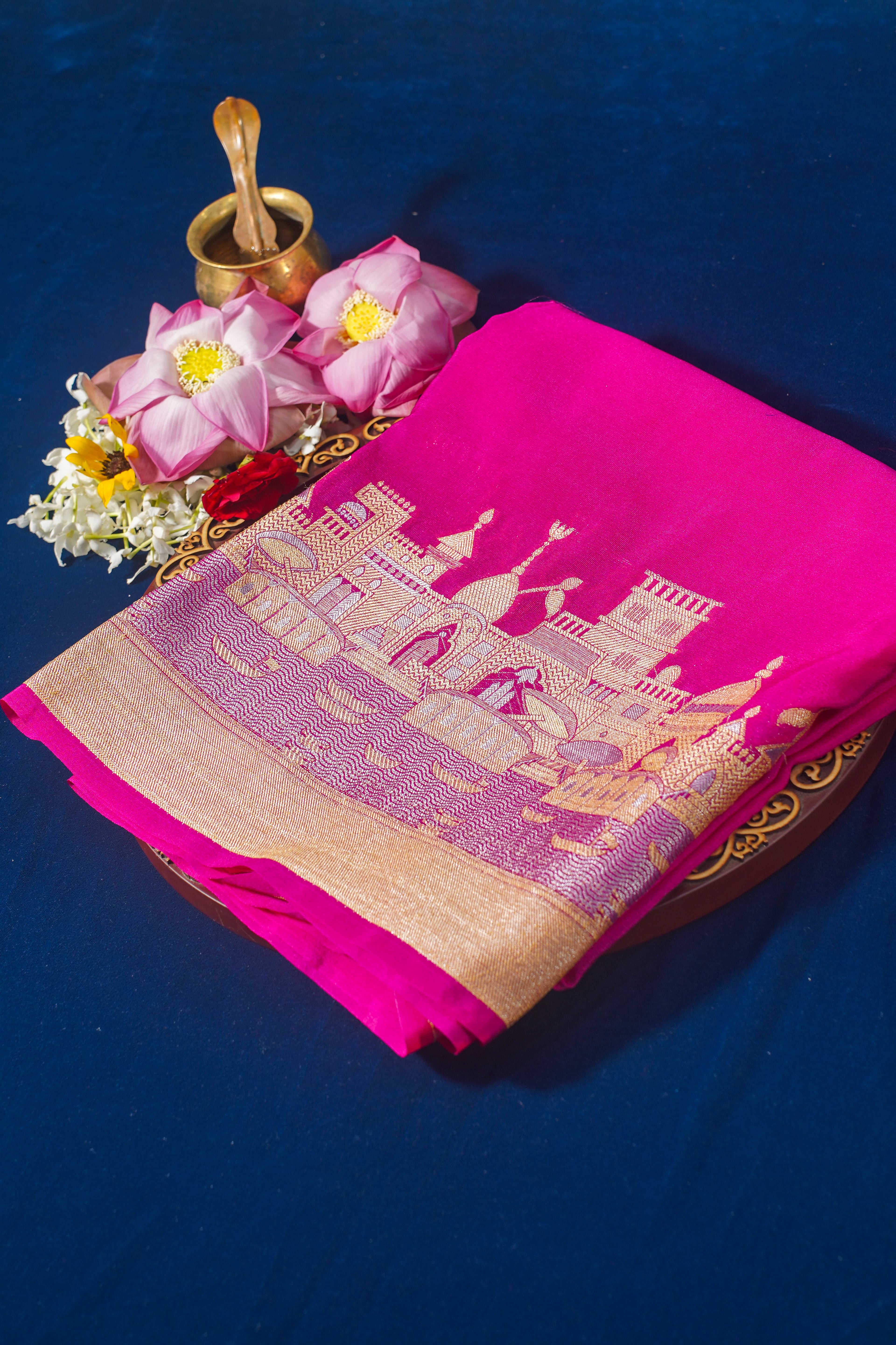 "UTSAV BANARAS 003B" Banarasi Pink Kashi Ghat Pattern Silk Saree