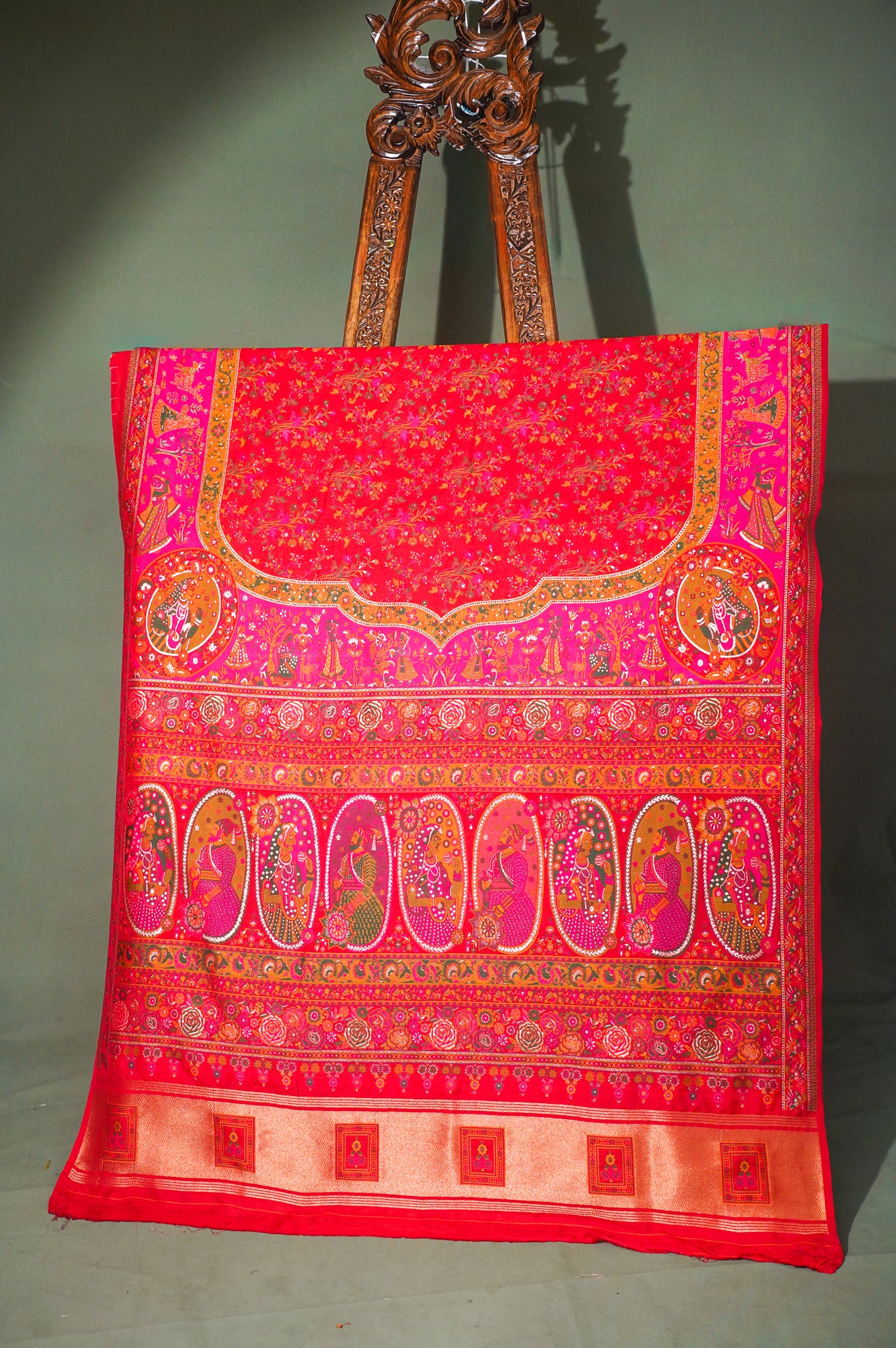 WAAH BANARAS 074: Pure Red Pashmina Silk Saree with Artistic Meenakari Work With Beautiful Pallu