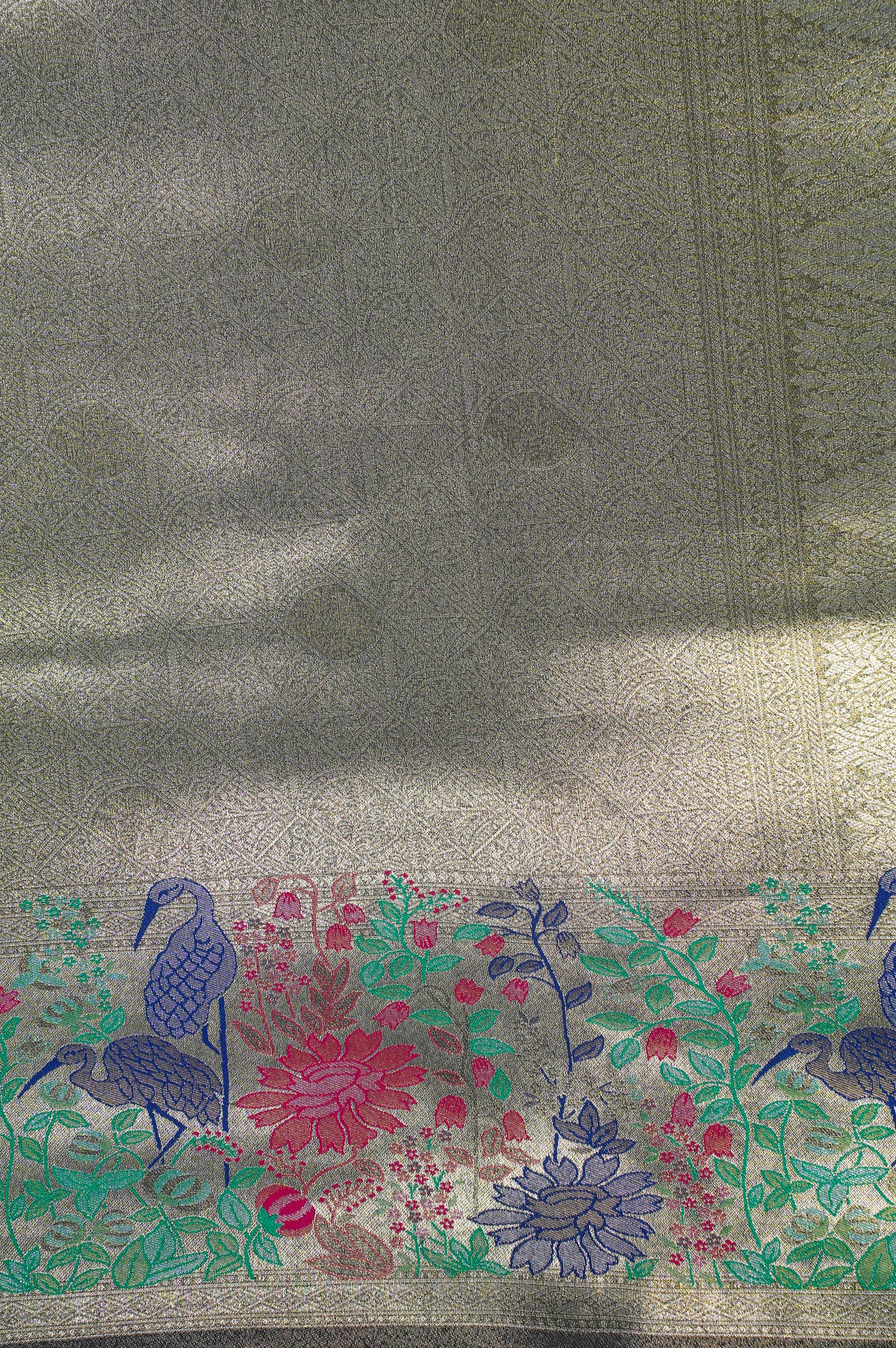 UTSAV BANARAS 350: Olive Green Brocade Tissue Silk Saree with Multicolor Peacock Meenakari Zari Border