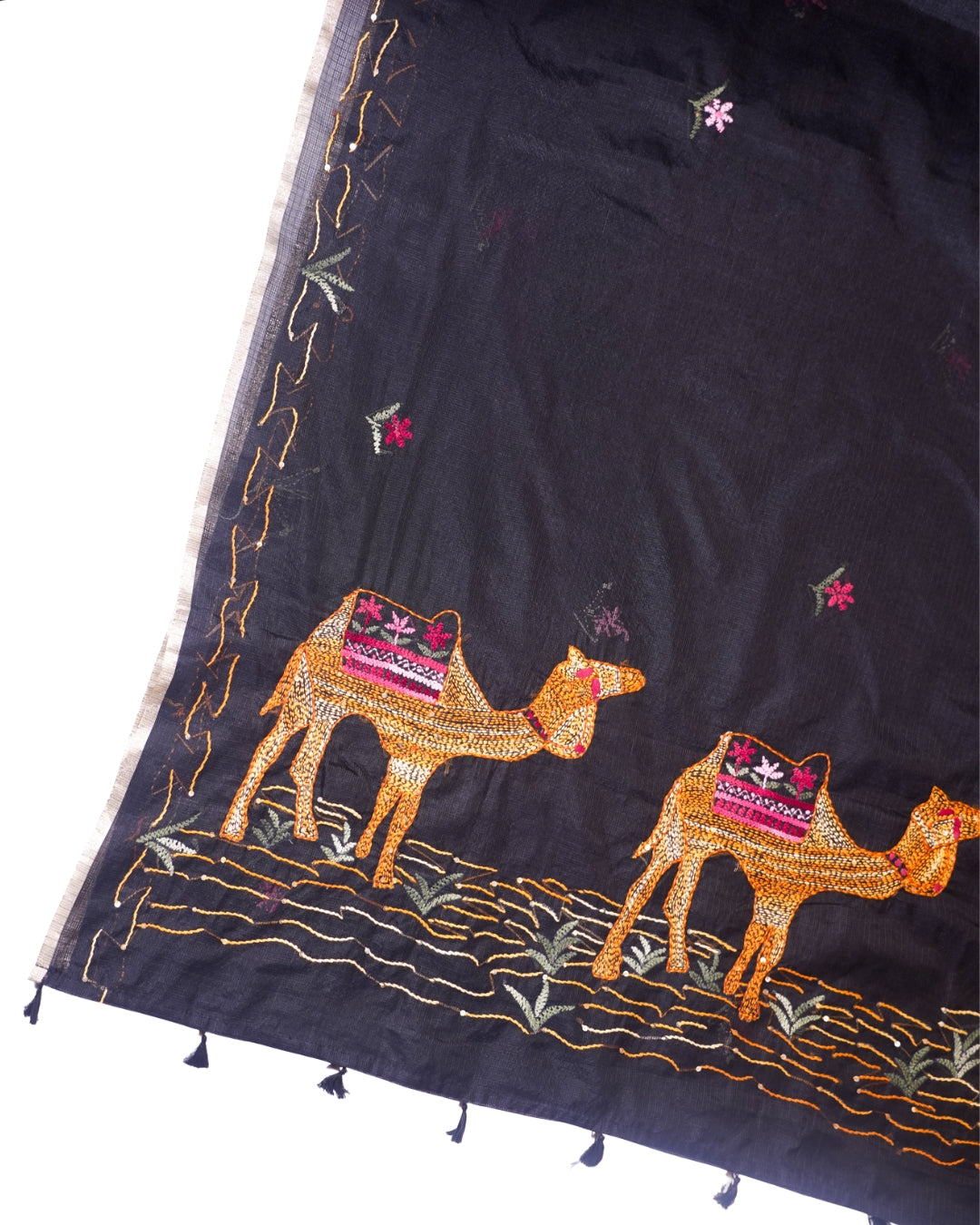 "Utsav Banaras 343" Banarasi Black Munga Silk Saree With Multicolored Camel Applique Embroidery