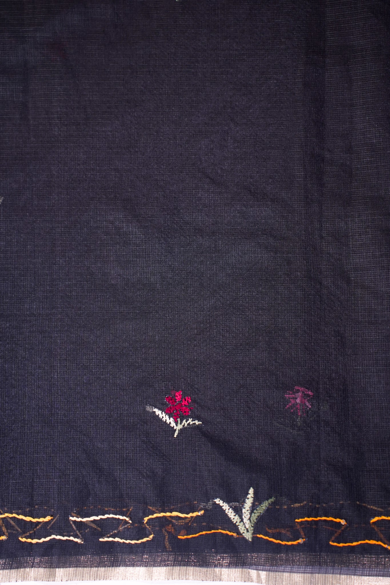 "Utsav Banaras 343" Banarasi Black Munga Silk Saree With Multicolored Camel Applique Embroidery