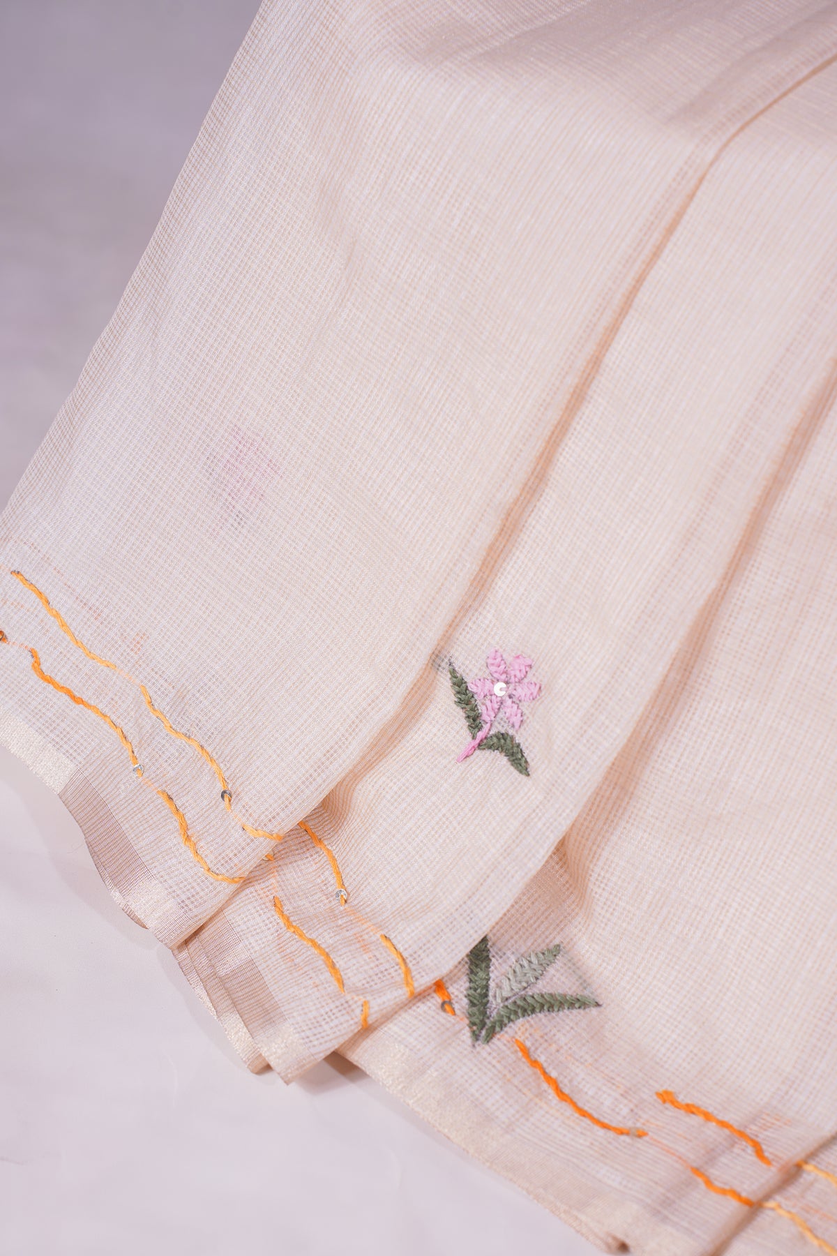 "UTSAV BANARAS 341" Banarasi Cream Munga Silk Saree With Multicolored Camel Applique Embroidery