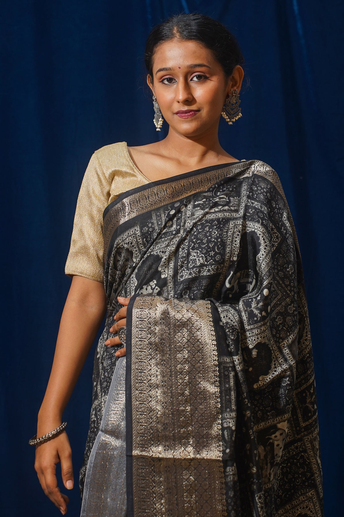 Kalavati Natural Moonga Georgette Saree With Handloom Border