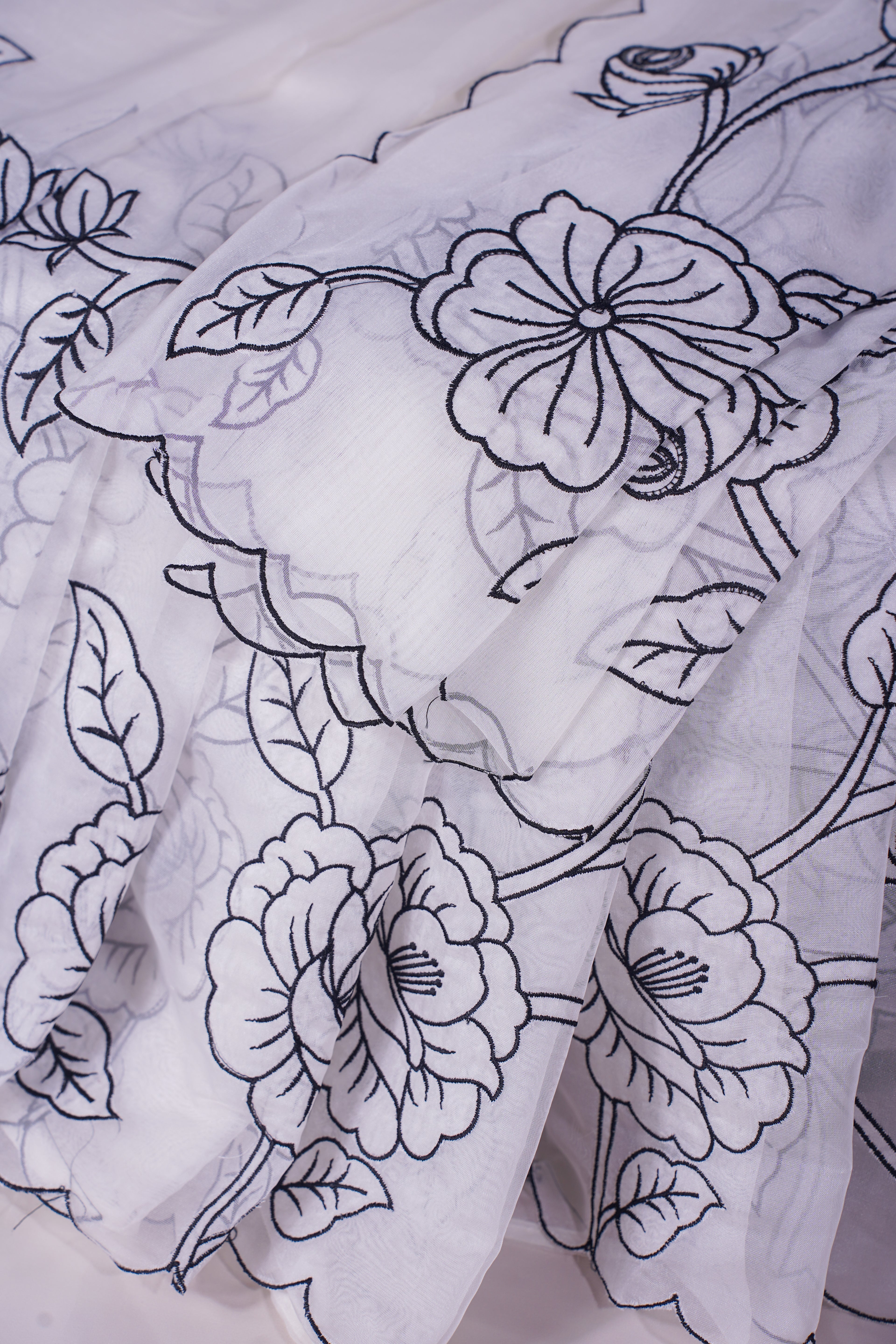 "UTSAV BANARAS 342" Banarasi Elegant White Applique Munga Silk Saree With Black Sketch Floral Embroidery & Scalloped Cutwork Border