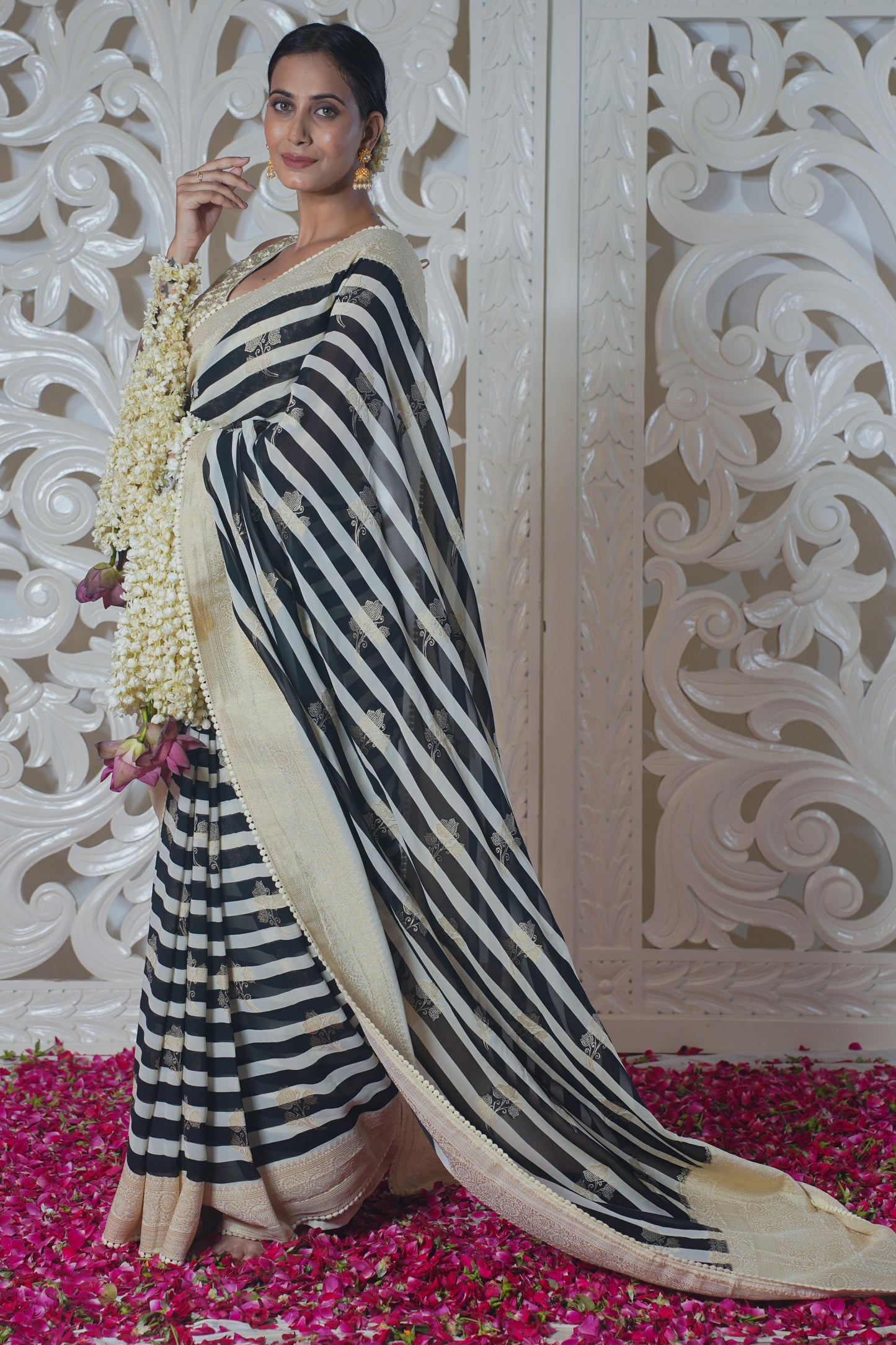 "WAAH BANARAS 012" Black And White Stripe Pattern Banarasi Silk Saree